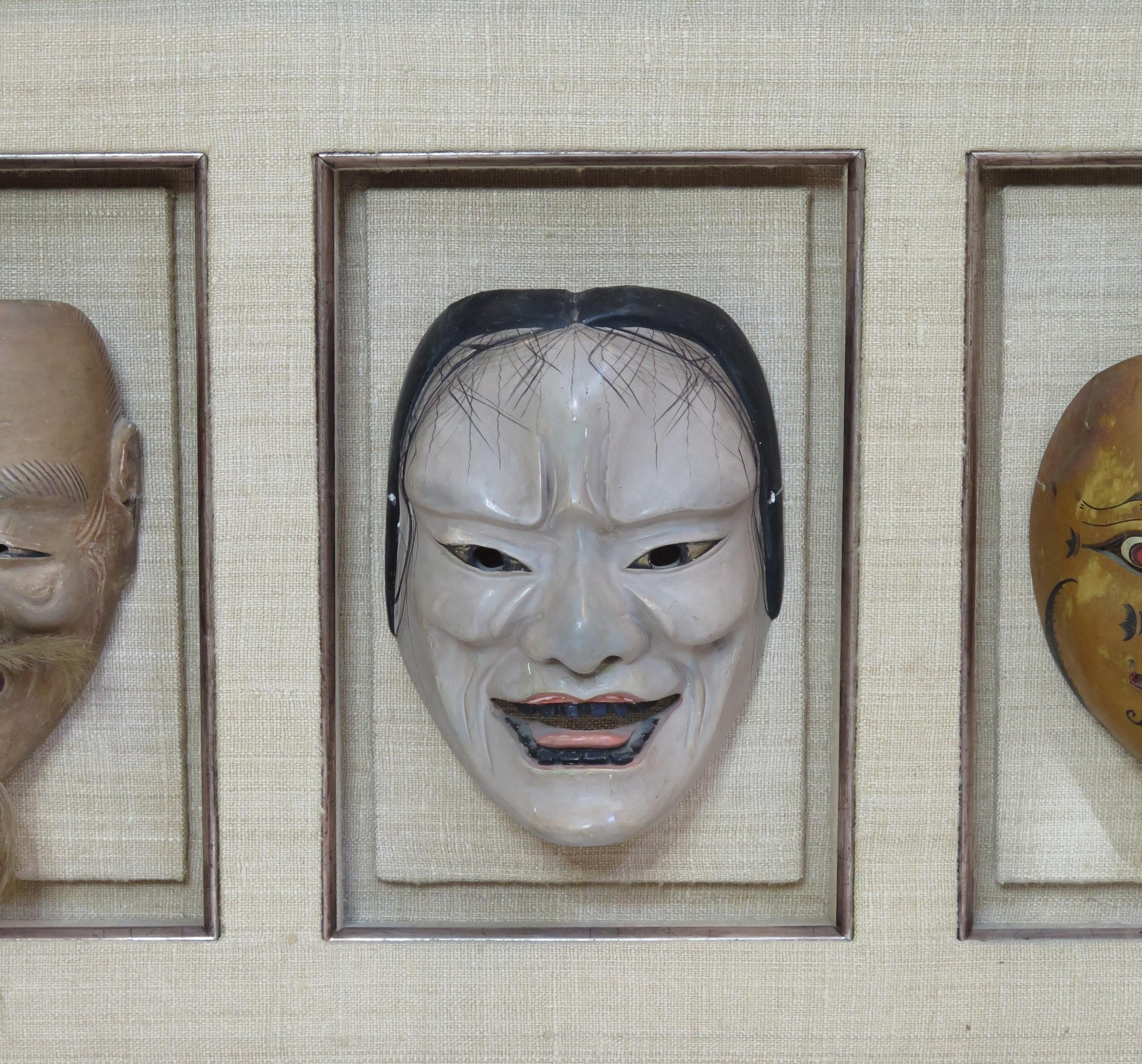 18th Century Group of Five Life Size Carved and Painted Japanese Kabuki Theatre Masks
