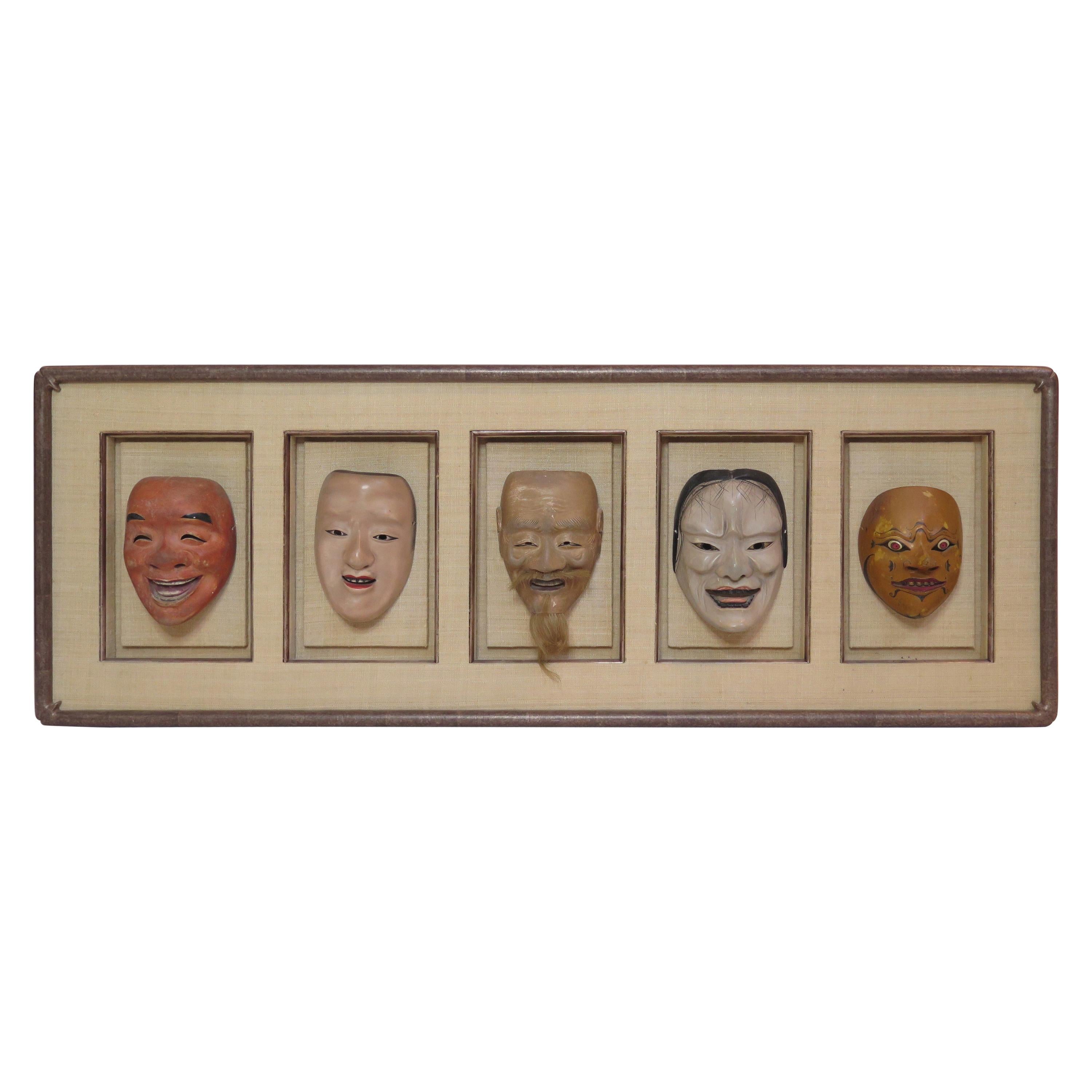 Group of Five Life Size Carved and Painted Japanese Kabuki Theatre Masks