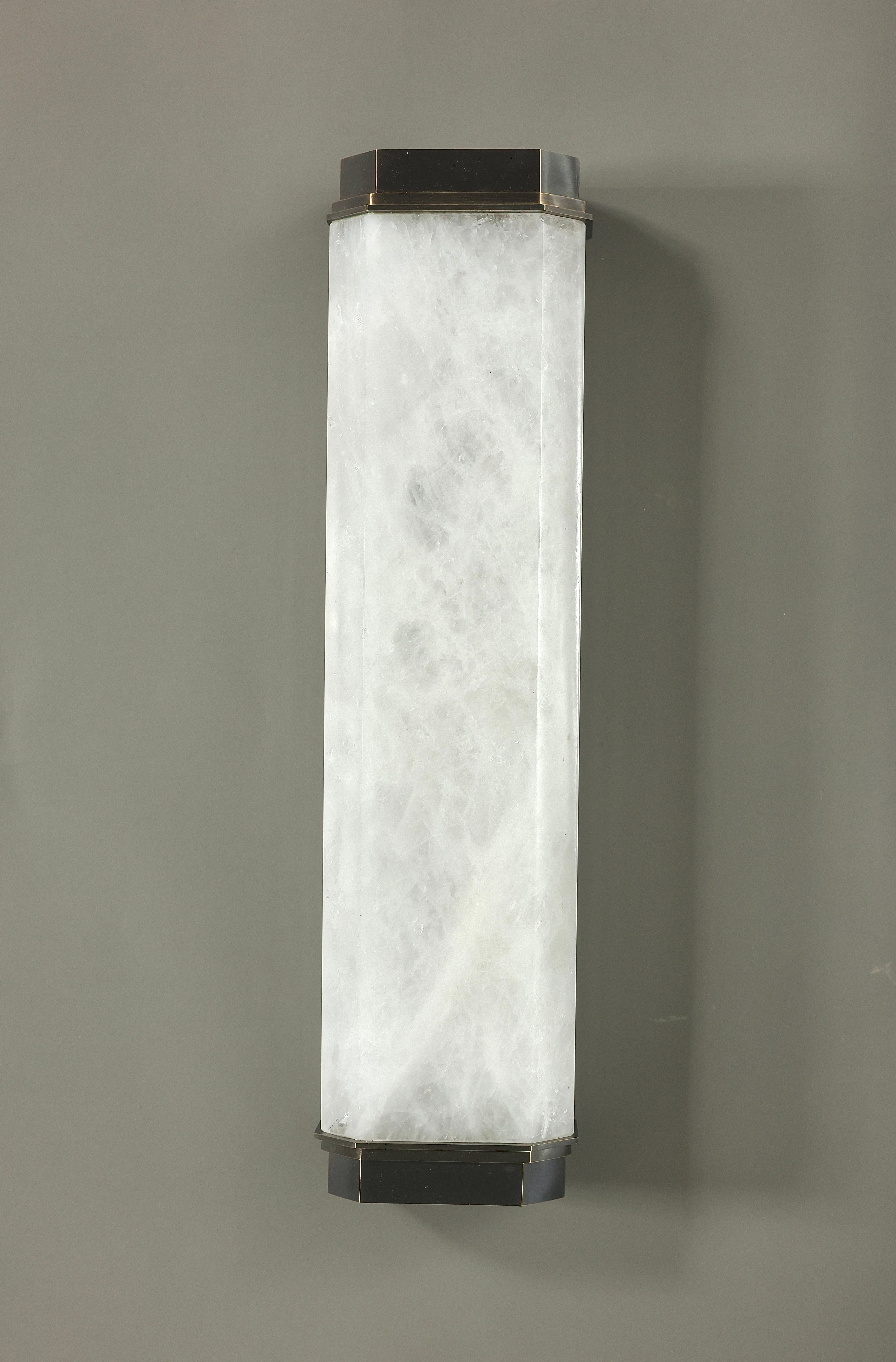 Group of five rock crystal sconces with antique brass decoration. Created by Phoenix Gallery. Each sconce installed with two E26 sockets. Use two 80 watts long tube LED warm light lightbulbs. 160w total.
Work with 2”x4” jbox 
