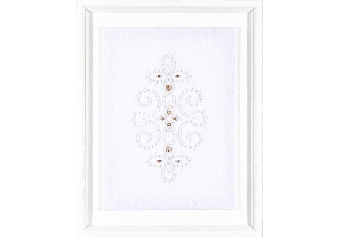 A striking contemporary statement in woven art. Group of four different designs in five frames with white corded embroidery with gold-tone and silver tone metal accents.
All on linen mounted on panels, in fine white Trowbridge frames and glazed.