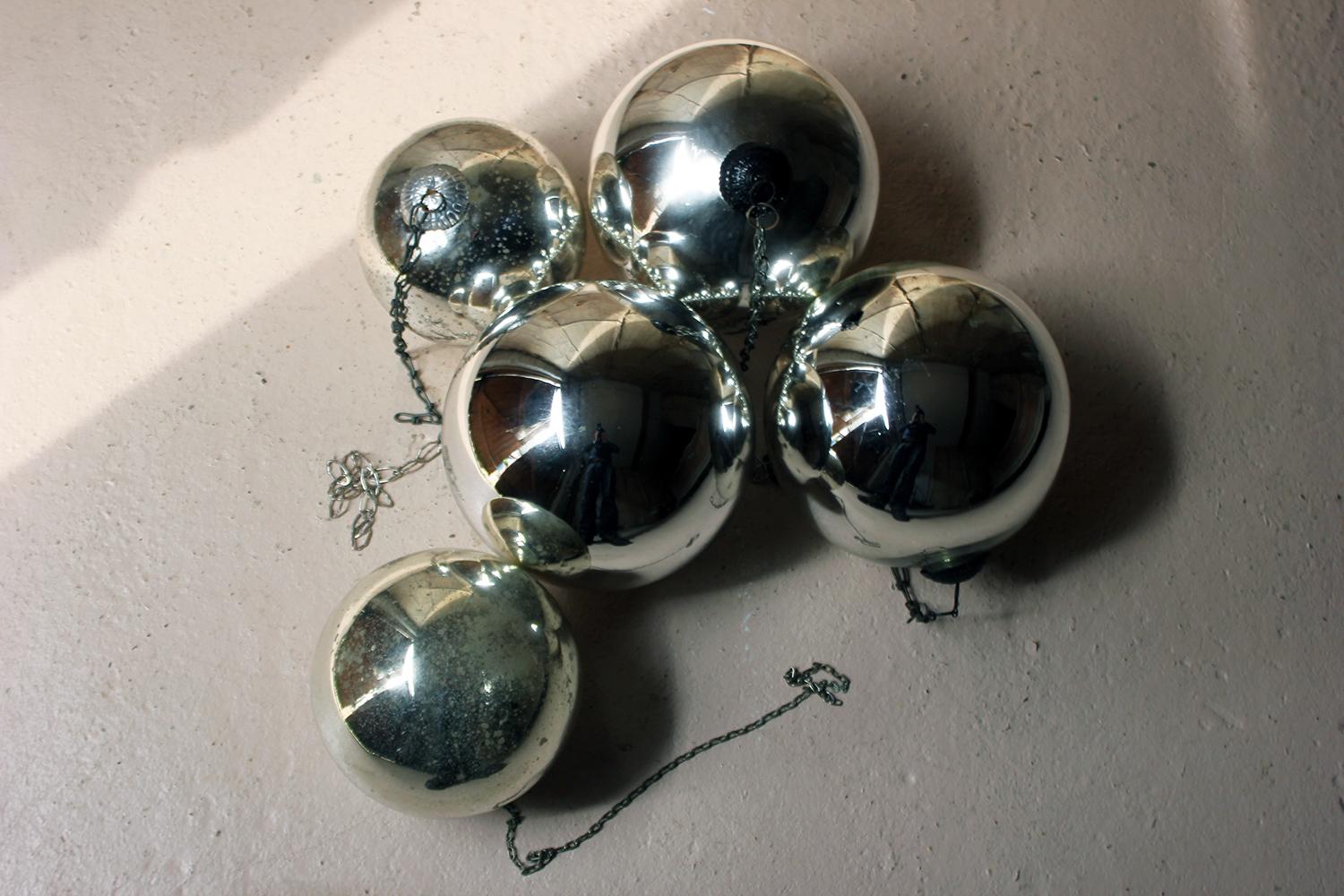 Group of Five Victorian Silver Mercury Glass Witches Balls, circa 1900 4