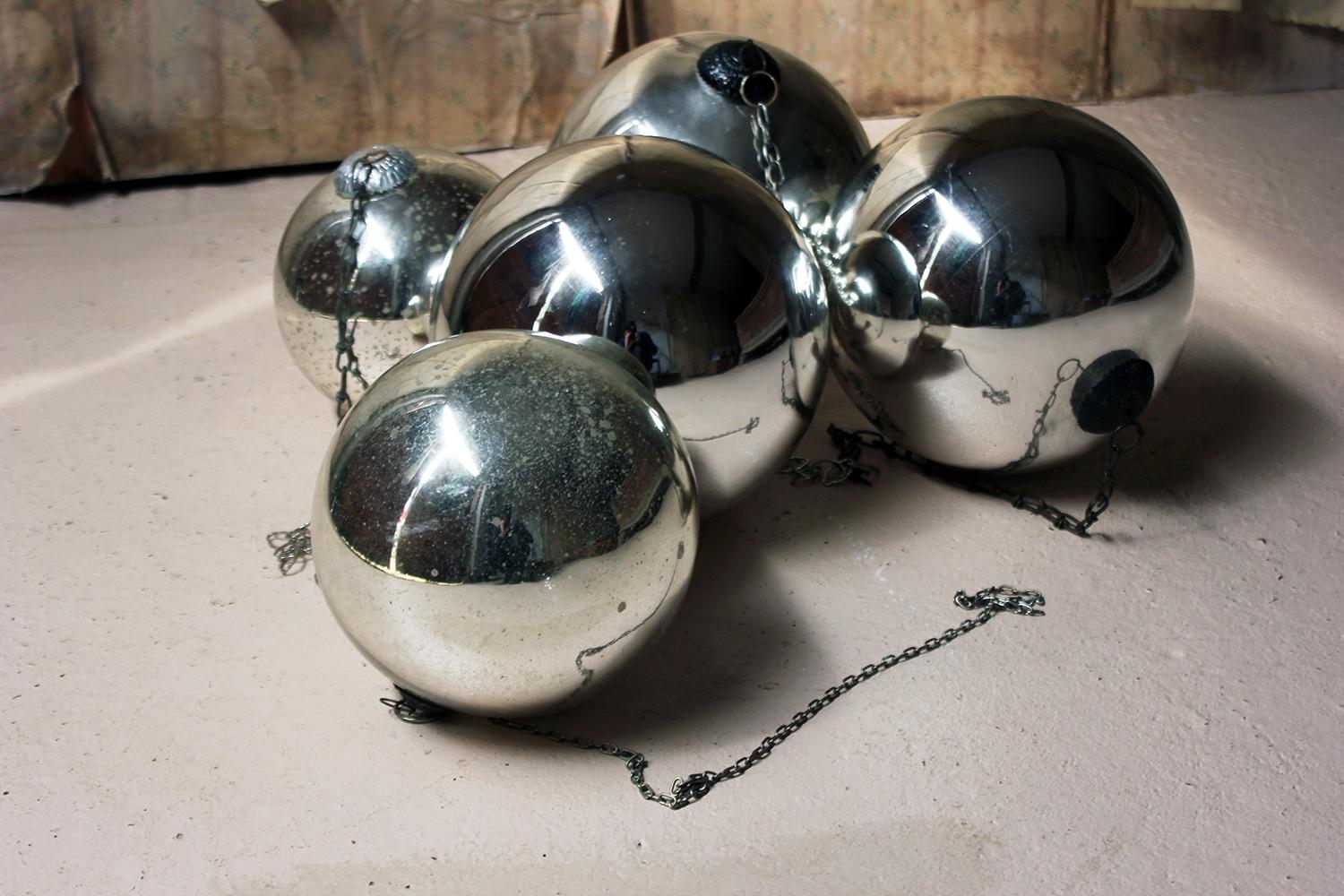 Group of Five Victorian Silver Mercury Glass Witches Balls, circa 1900 5