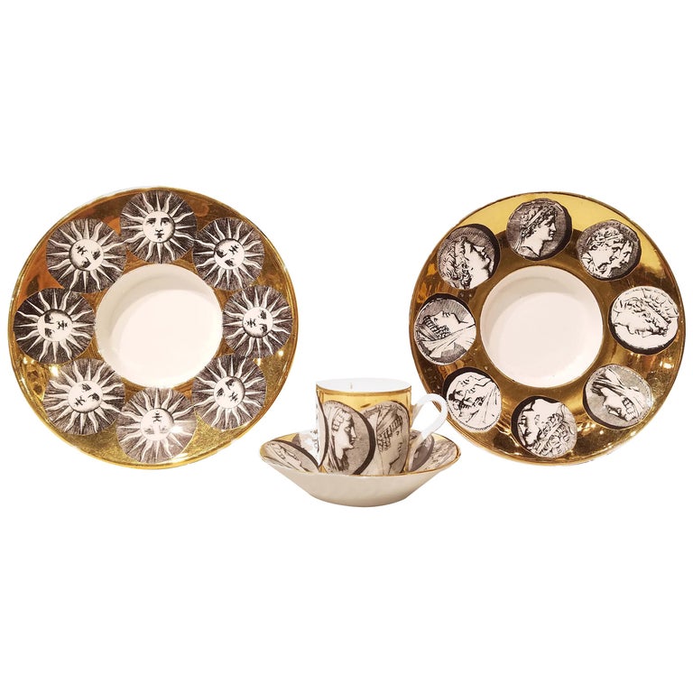Group of Fornasetti Milano Espresso Cup & Saucer Plus 2 Fornasetti under Plates For Sale