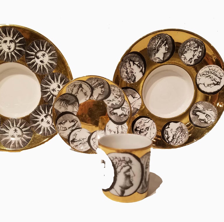 Italian Group of Fornasetti Milano Espresso Cup & Saucer Plus 2 Fornasetti under Plates For Sale