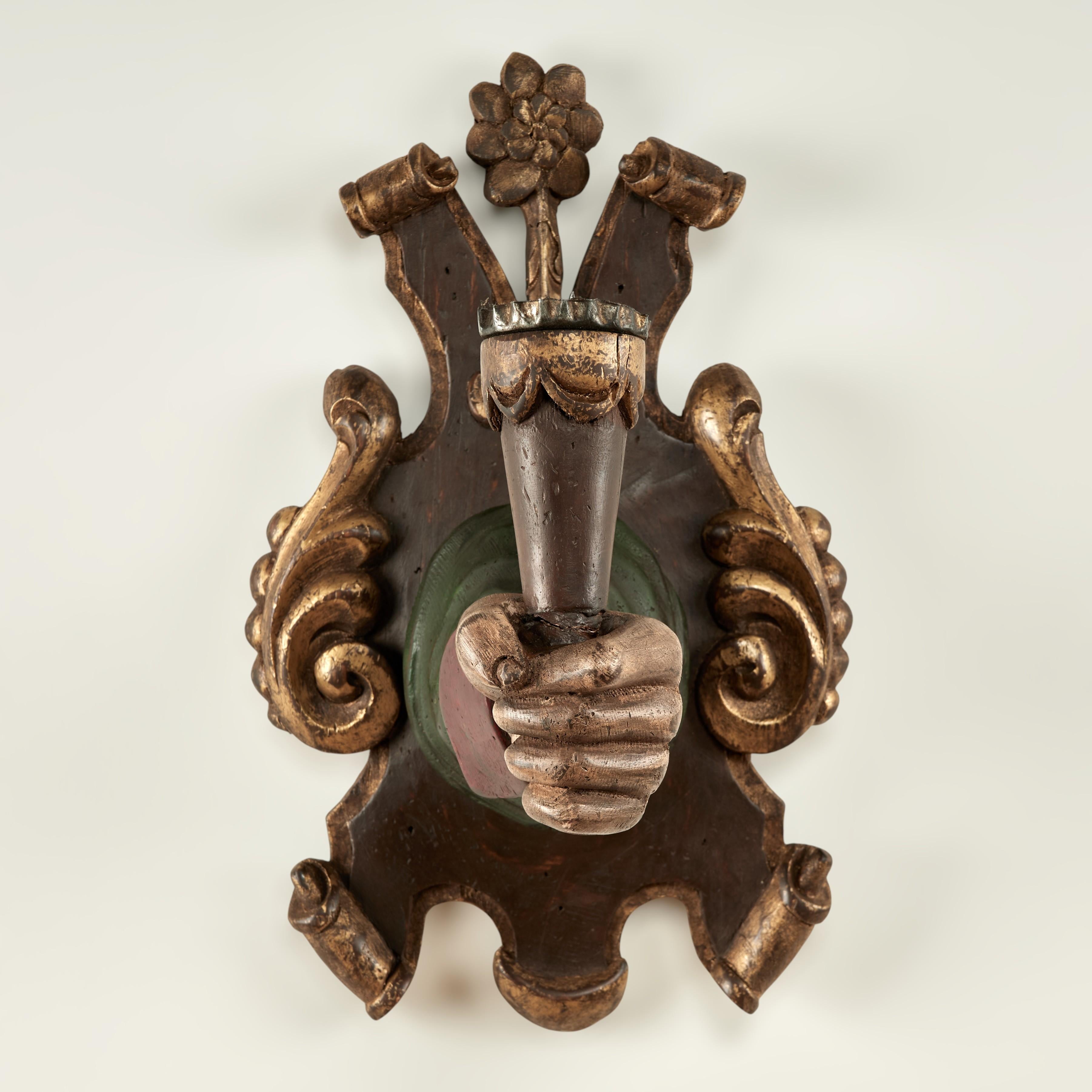 Group of Four Antique Italian Carved Wood Hand and Torchiere Wall Sconces For Sale 3