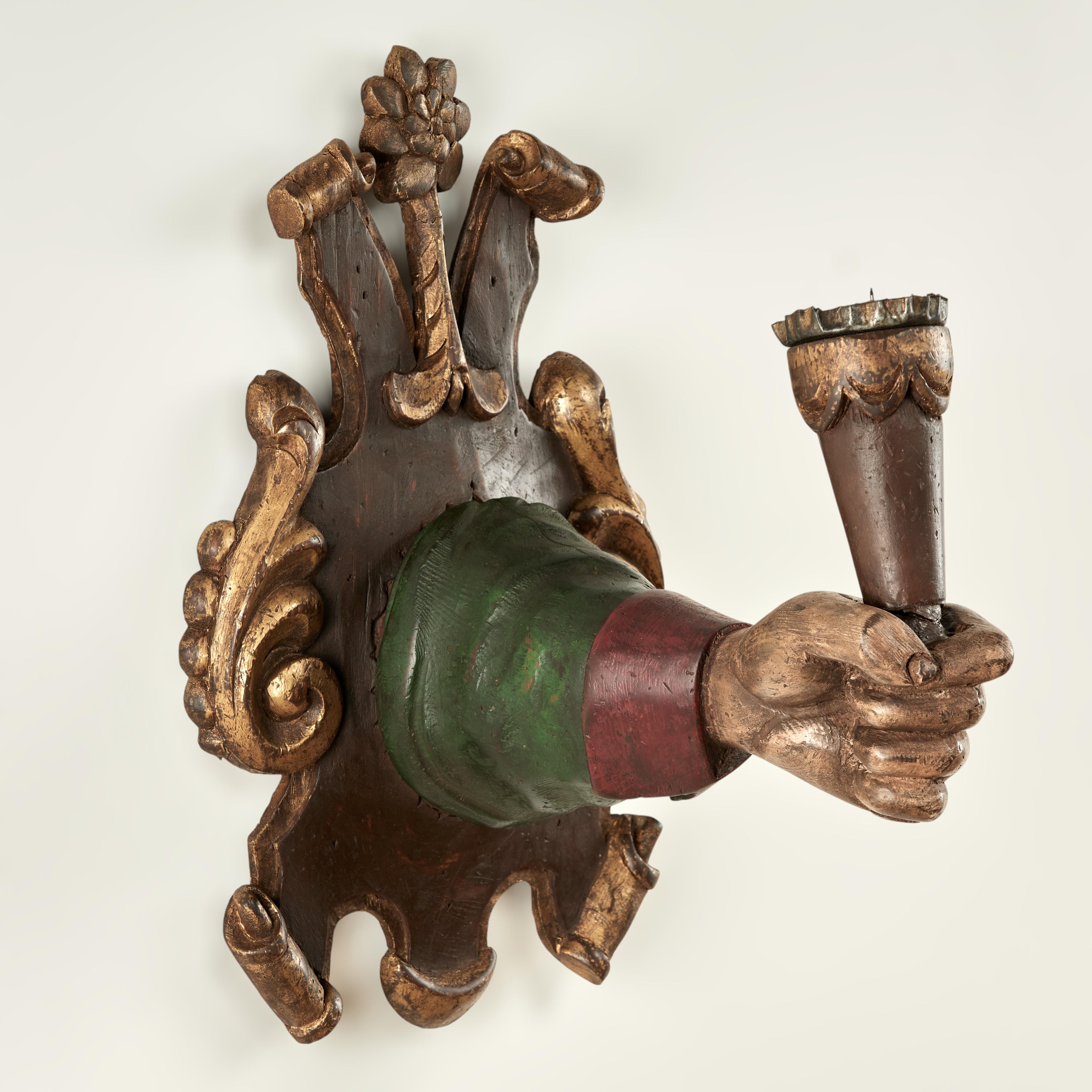 Group of Four Antique Italian Carved Wood Hand and Torchiere Wall Sconces For Sale 4