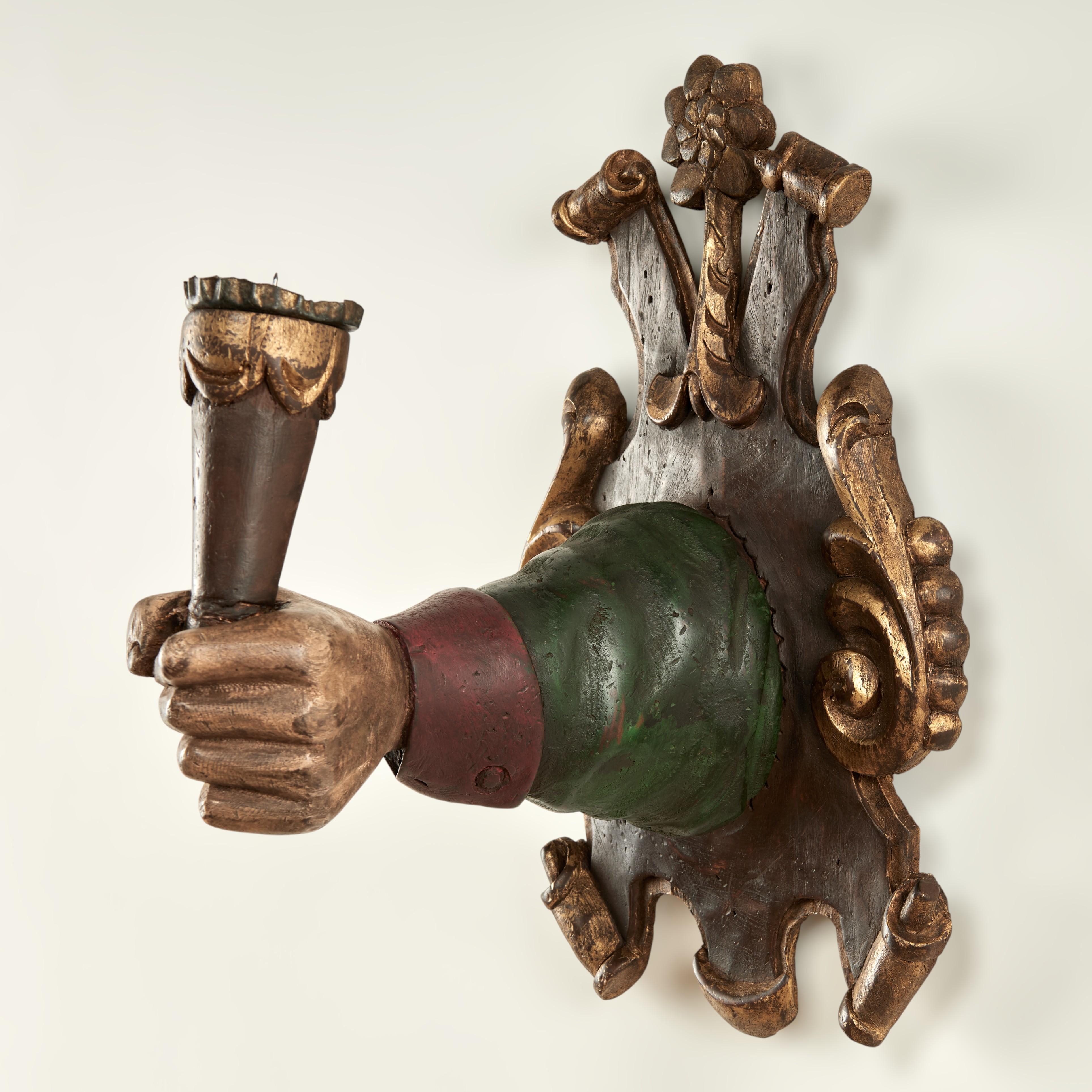 Group of Four Antique Italian Carved Wood Hand and Torchiere Wall Sconces For Sale 5