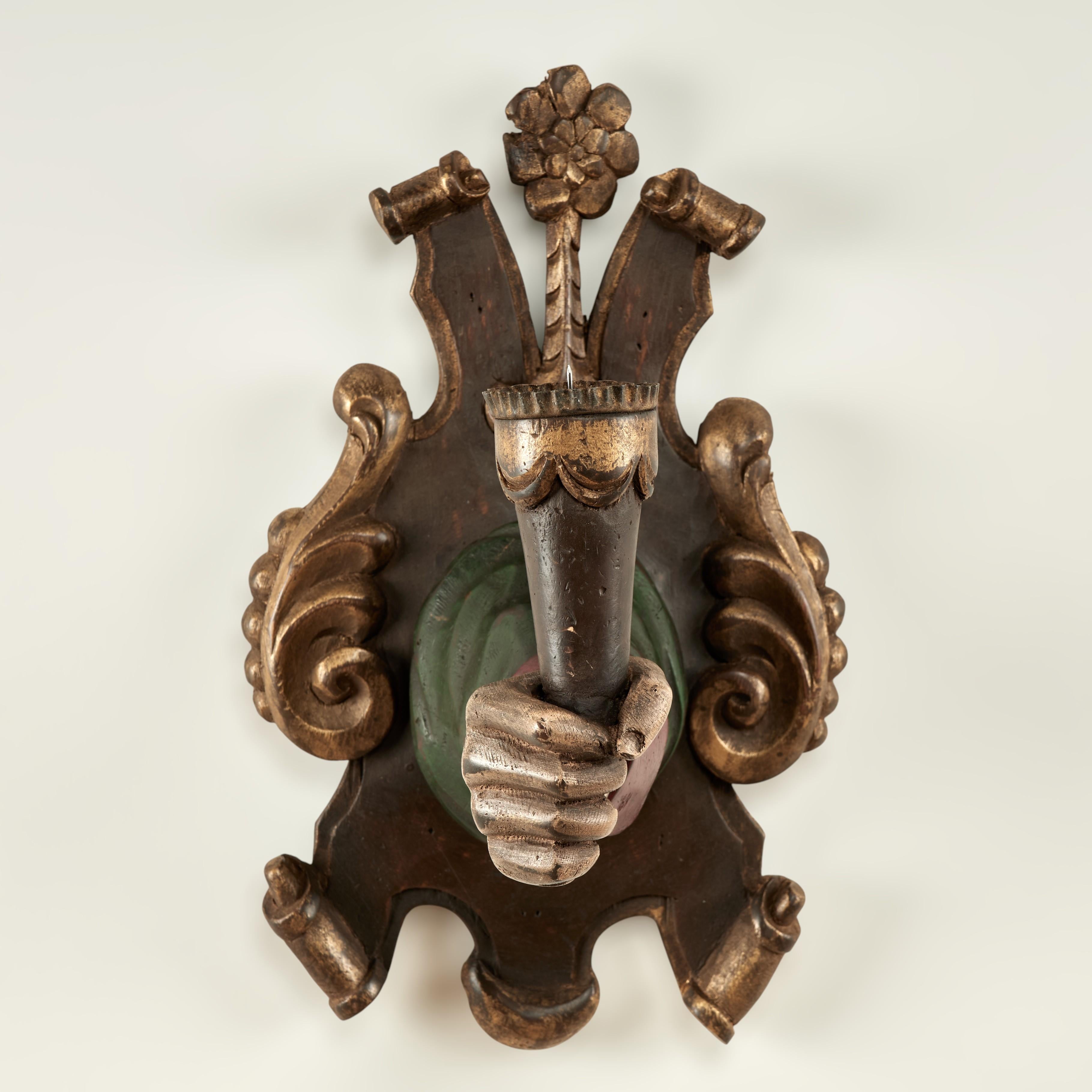 Group of Four Antique Italian Carved Wood Hand and Torchiere Wall Sconces For Sale 6