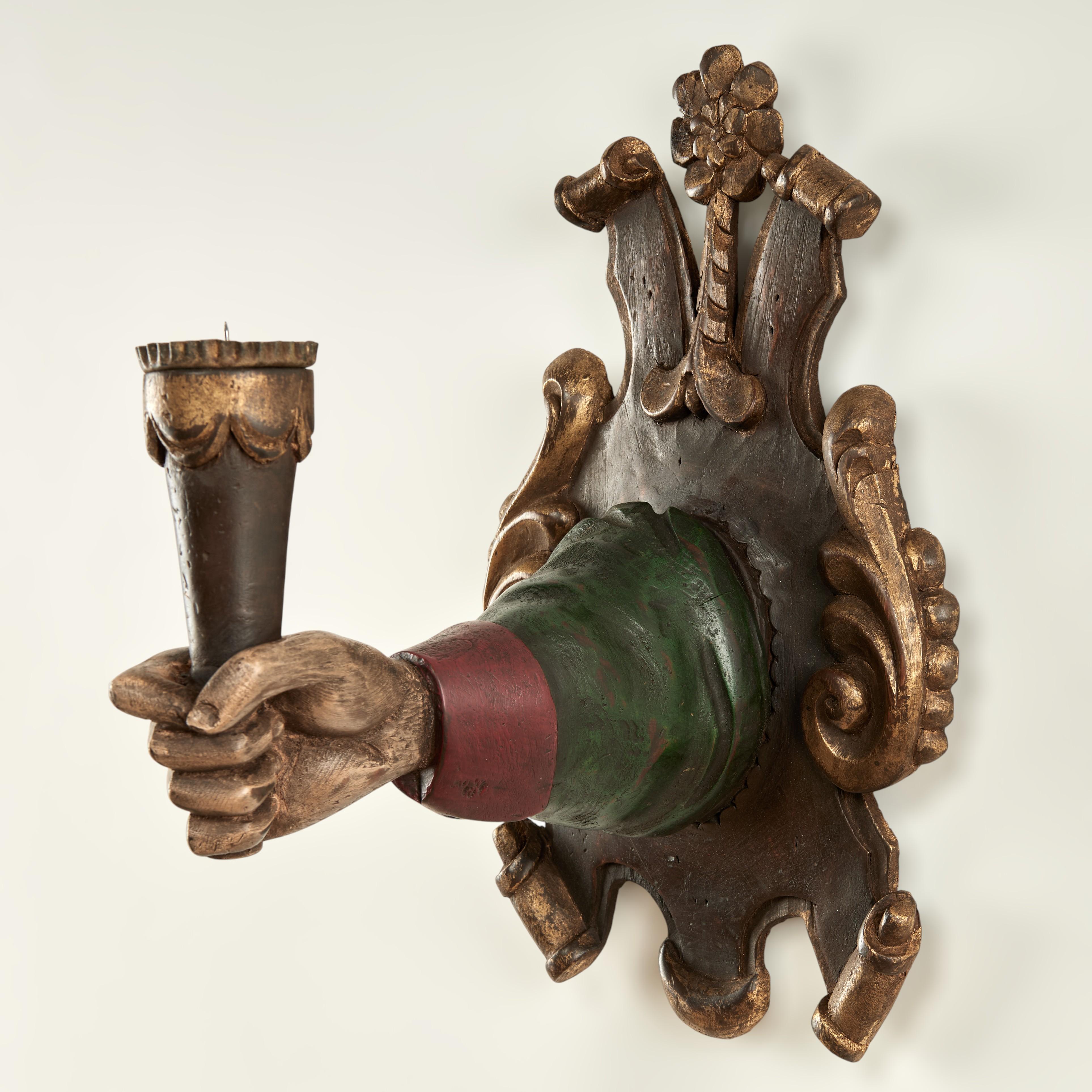 Group of Four Antique Italian Carved Wood Hand and Torchiere Wall Sconces For Sale 7