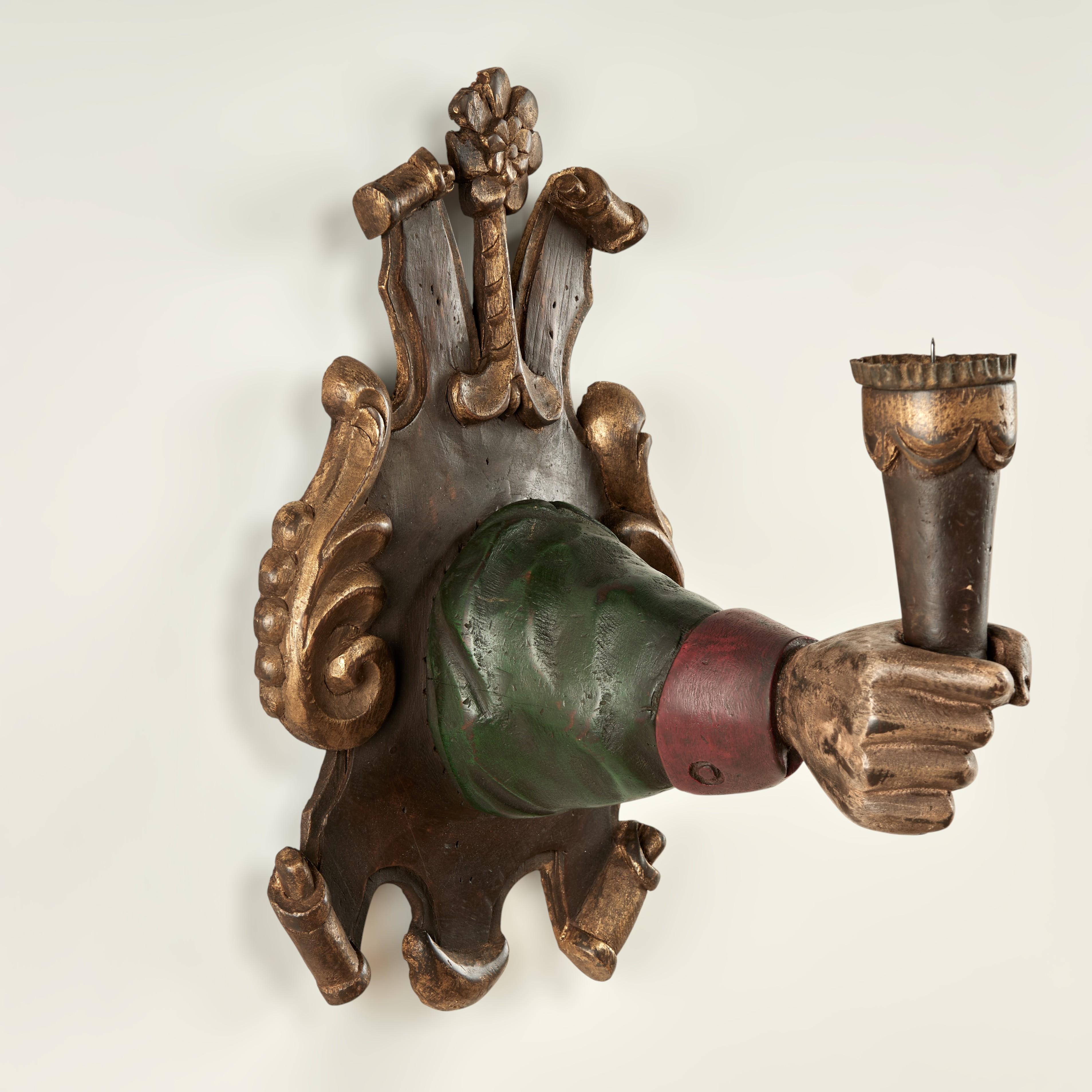 Group of Four Antique Italian Carved Wood Hand and Torchiere Wall Sconces For Sale 8