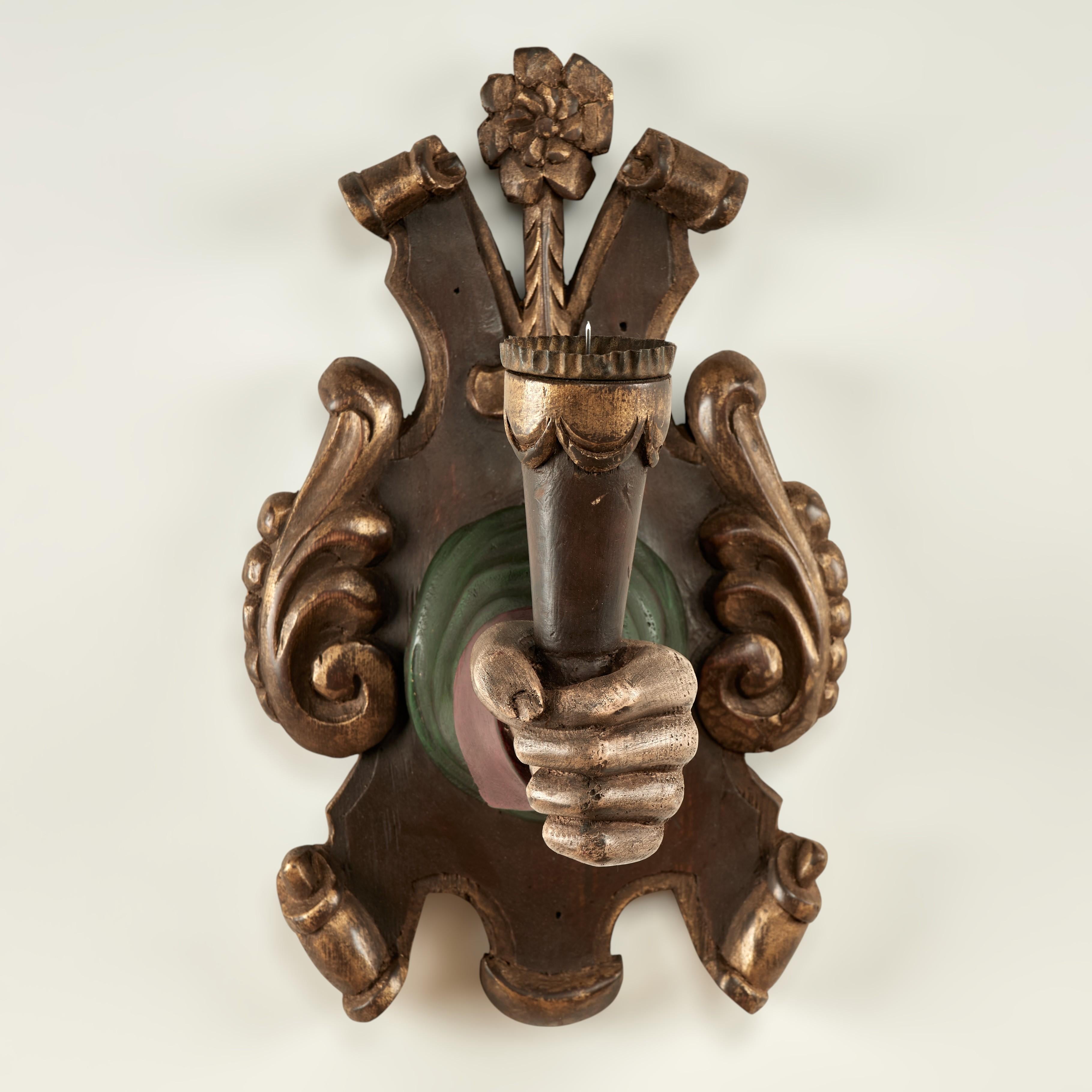 Group of Four Antique Italian Carved Wood Hand and Torchiere Wall Sconces For Sale 9