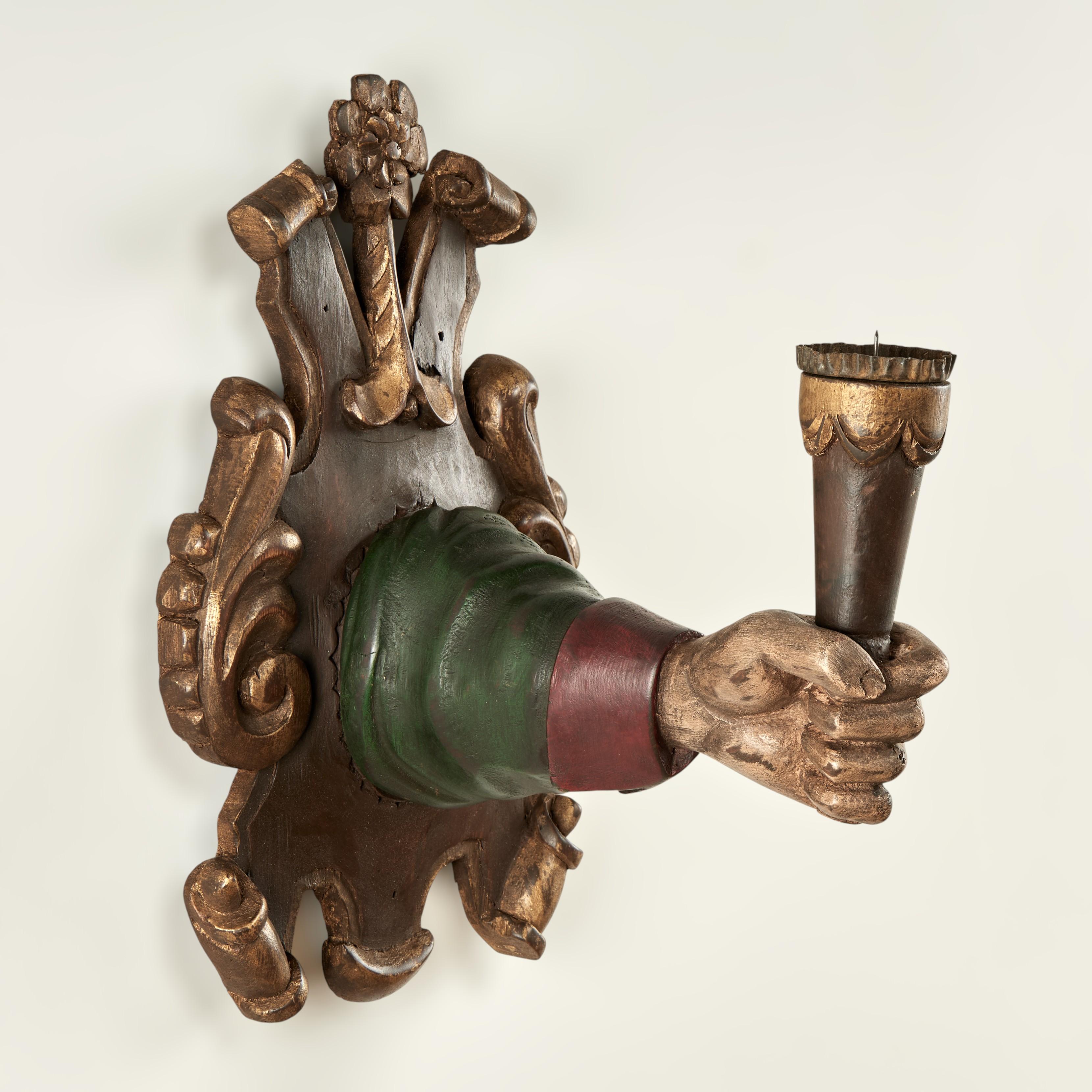 Group of Four Antique Italian Carved Wood Hand and Torchiere Wall Sconces For Sale 10