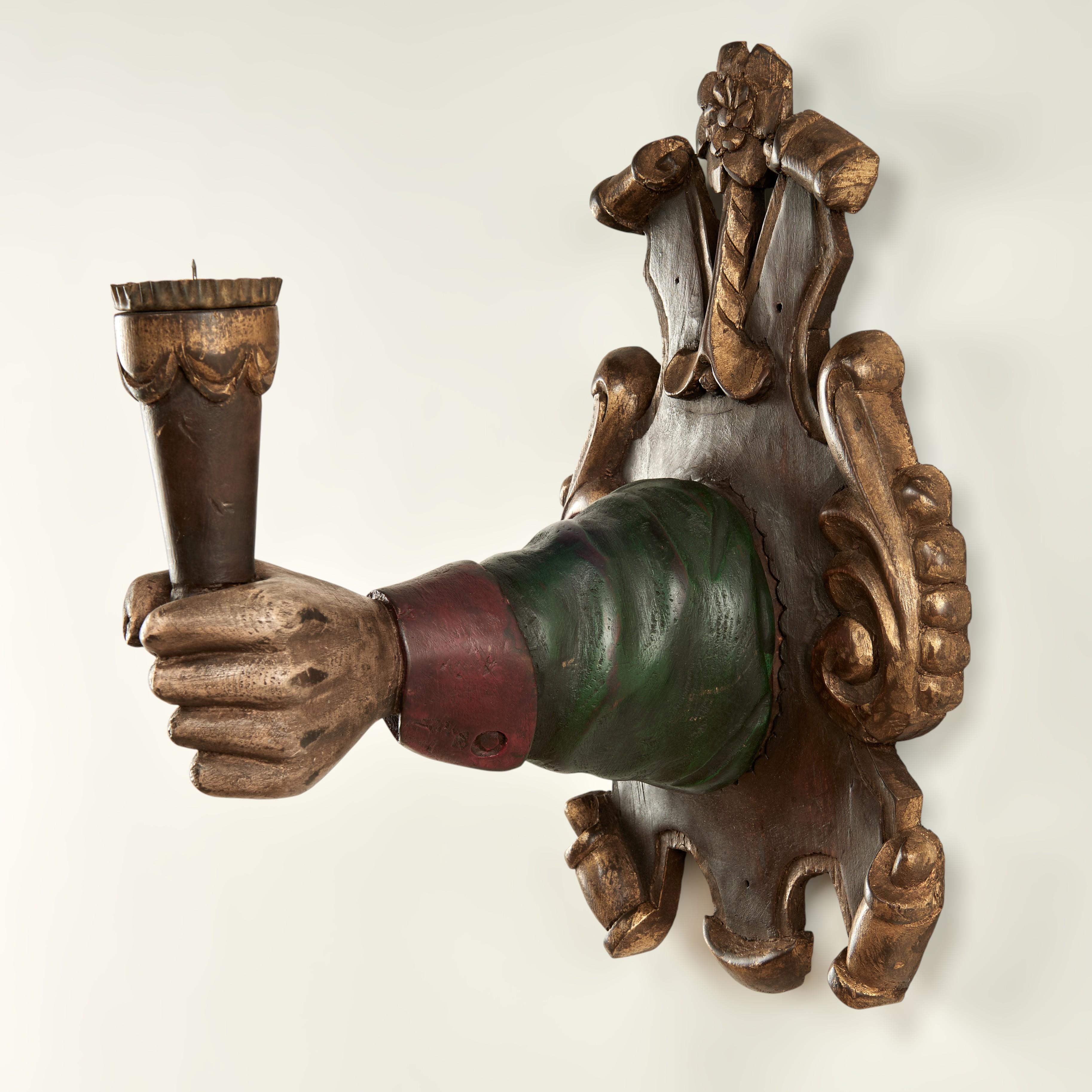 Group of Four Antique Italian Carved Wood Hand and Torchiere Wall Sconces For Sale 11