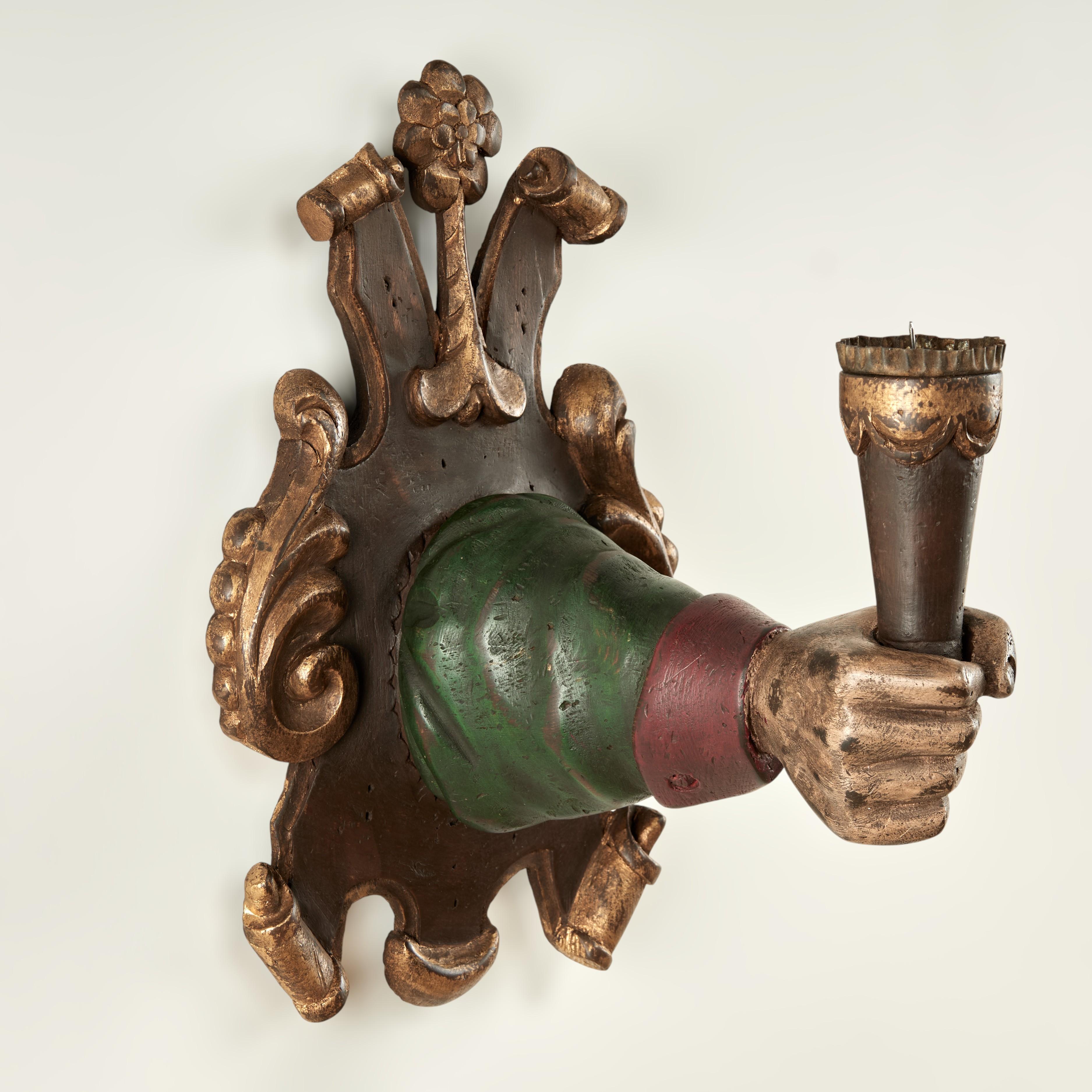 Neoclassical Group of Four Antique Italian Carved Wood Hand and Torchiere Wall Sconces For Sale