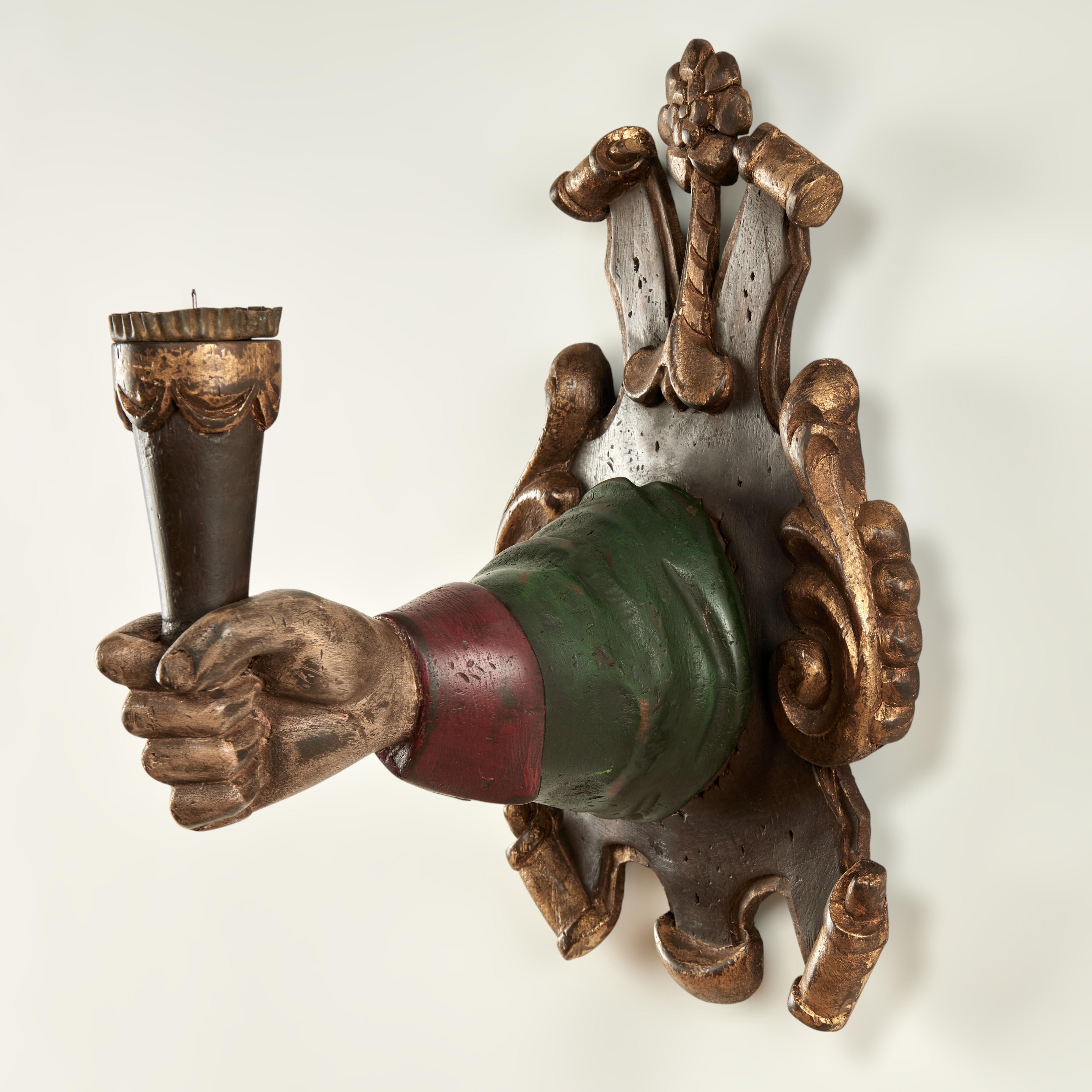 Hand-Carved Group of Four Antique Italian Carved Wood Hand and Torchiere Wall Sconces For Sale