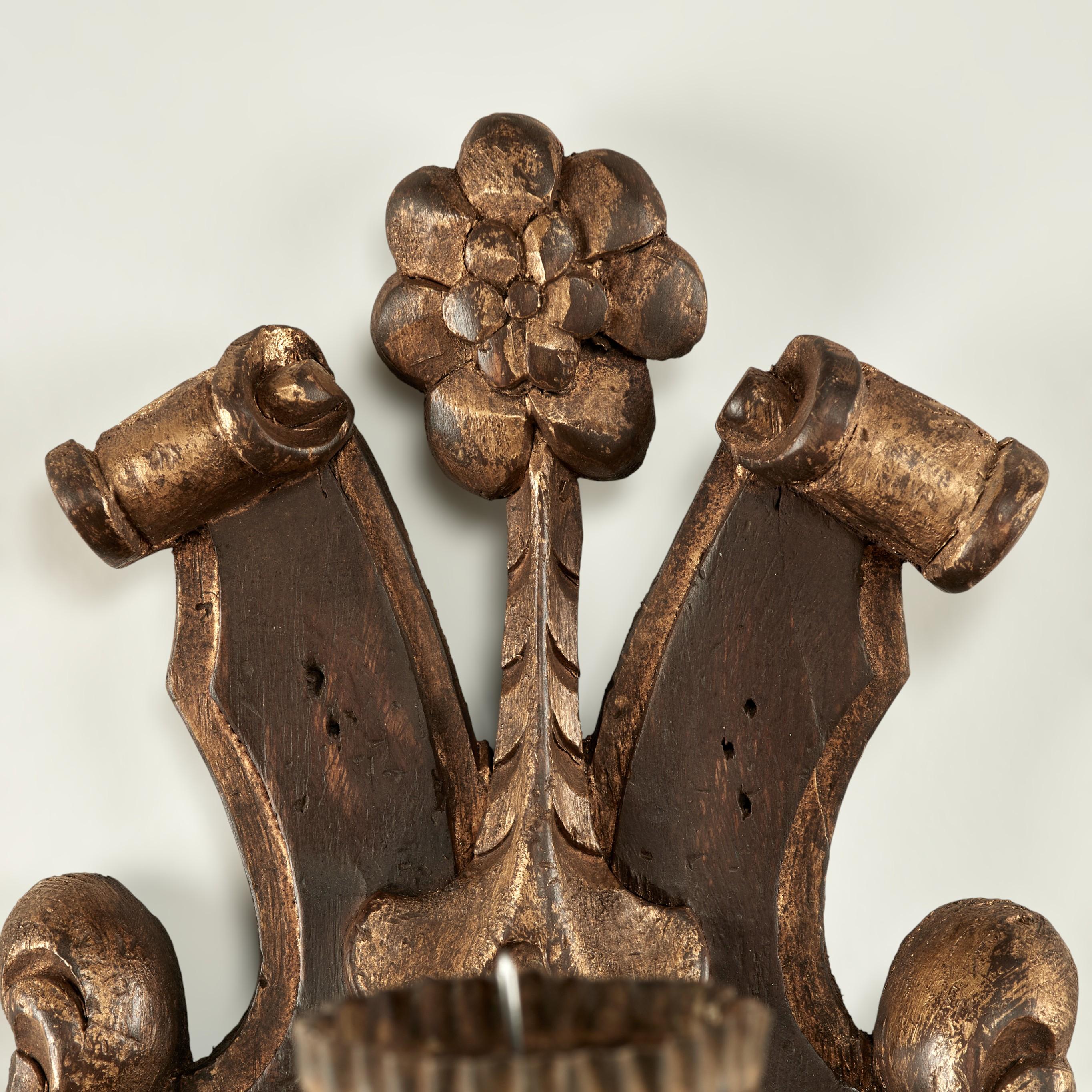 Tin Group of Four Antique Italian Carved Wood Hand and Torchiere Wall Sconces For Sale