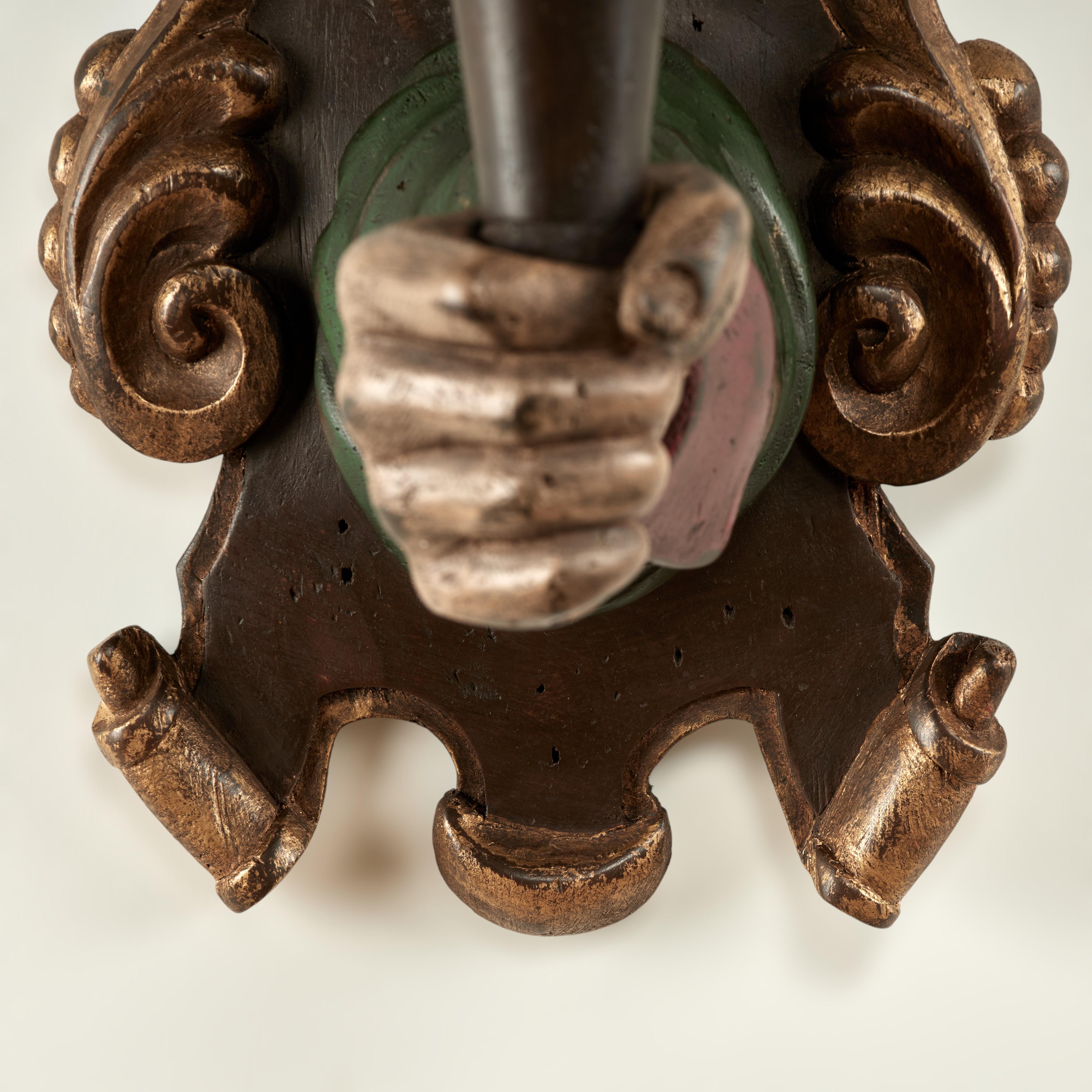 Group of Four Antique Italian Carved Wood Hand and Torchiere Wall Sconces For Sale 1