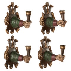 Group of Four Antique Italian Carved Wood Hand and Torchiere Wall Sconces
