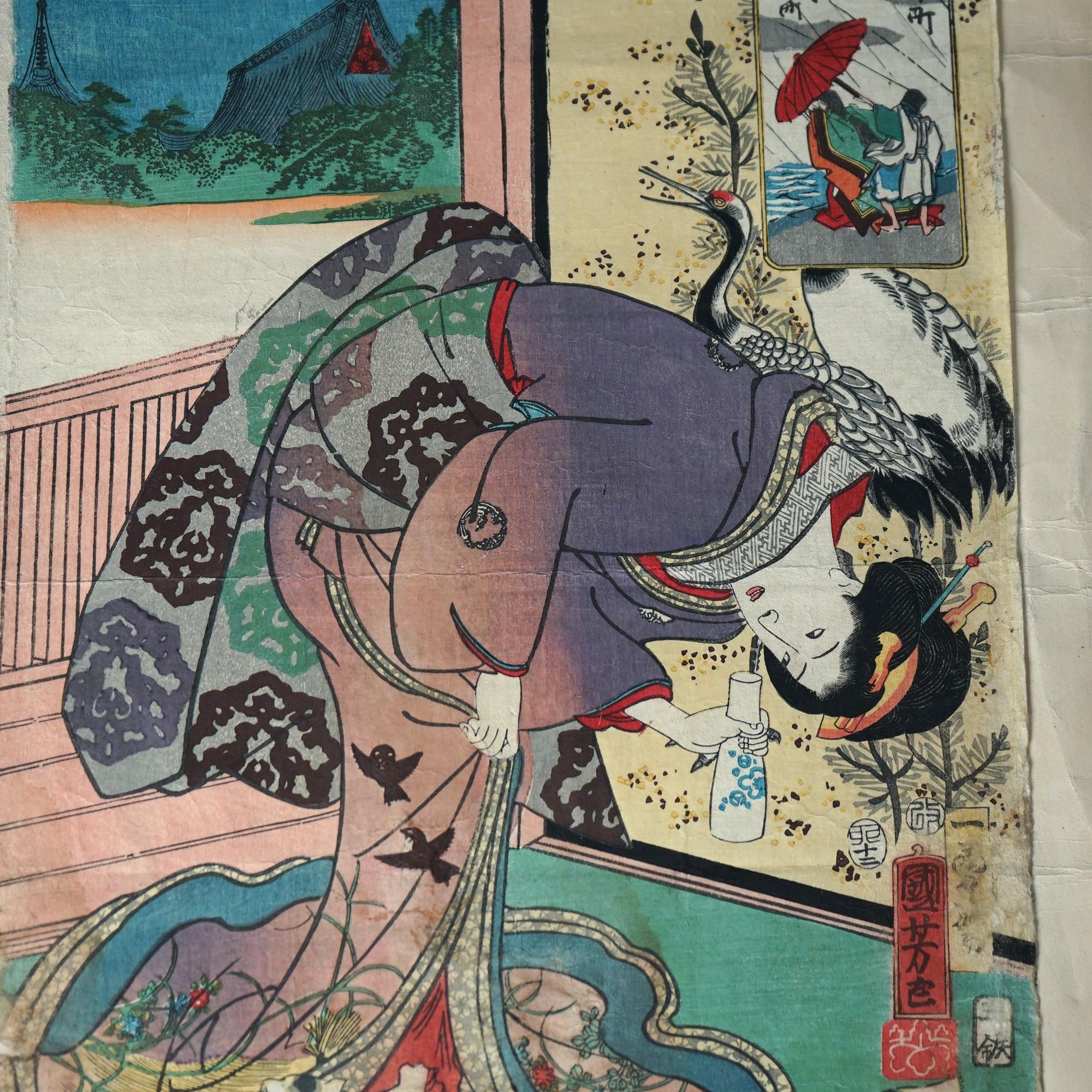 Asian Group of Four Antique Japanese Woodblock Genre Prints Circa 1920 For Sale