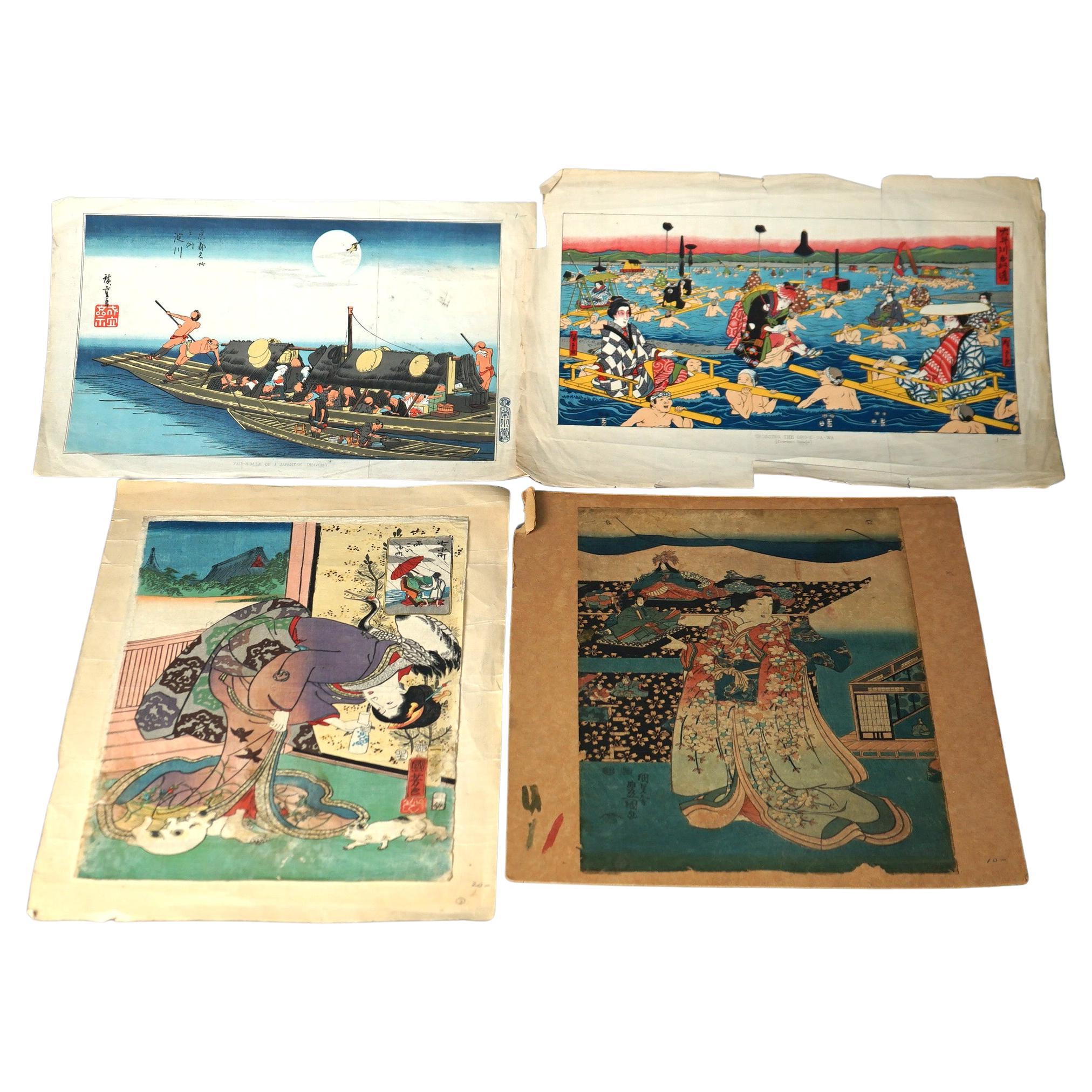 Group of Four Antique Japanese Woodblock Genre Prints Circa 1920 For Sale