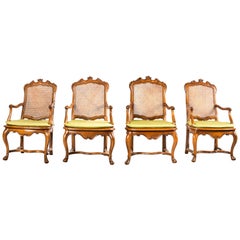 Group of Four Armchairs, Italy 18th Century Carved Walnut Italian Rococo Baroque