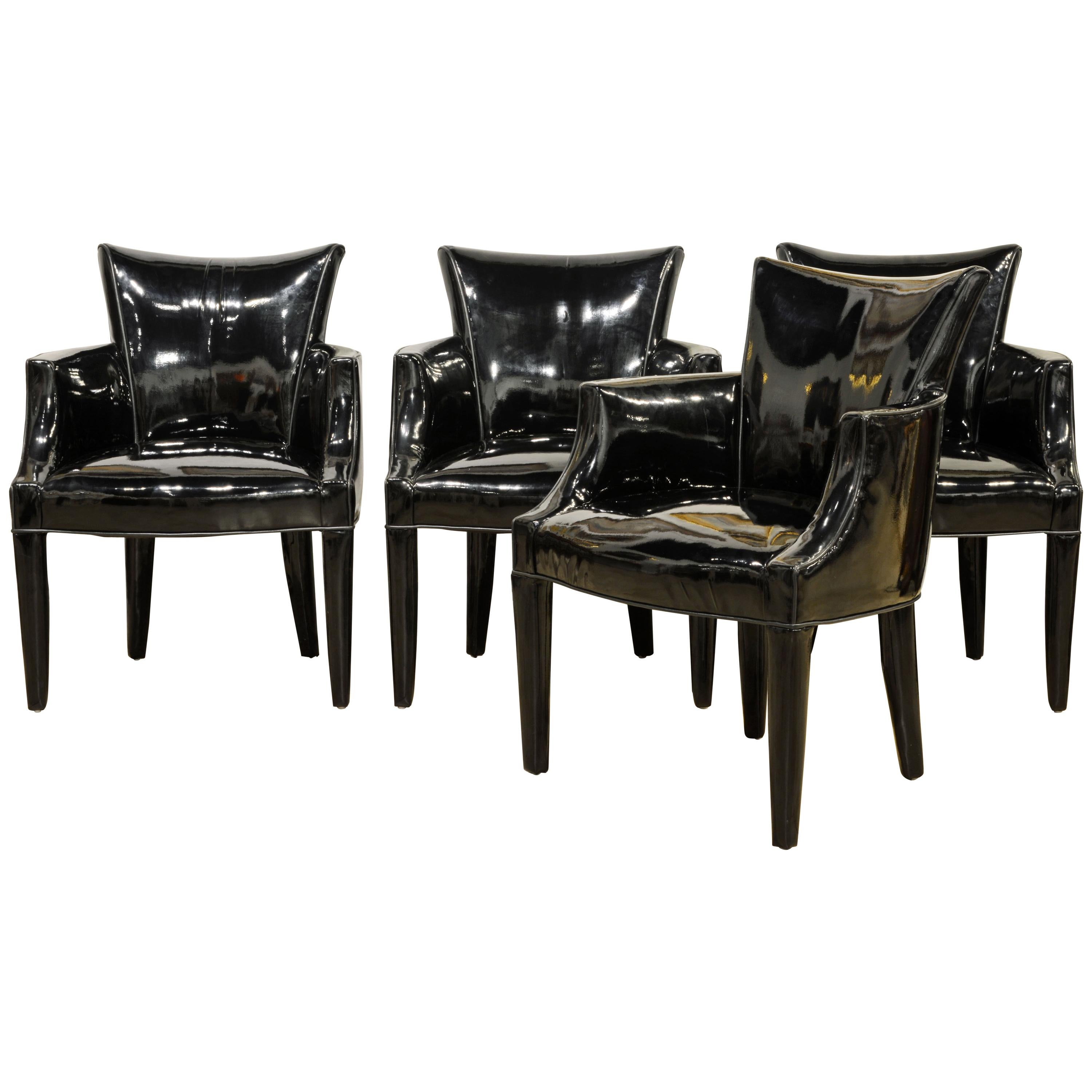 Group of Four Black Vinyl Covered Salon Armchairs by John Hutton for