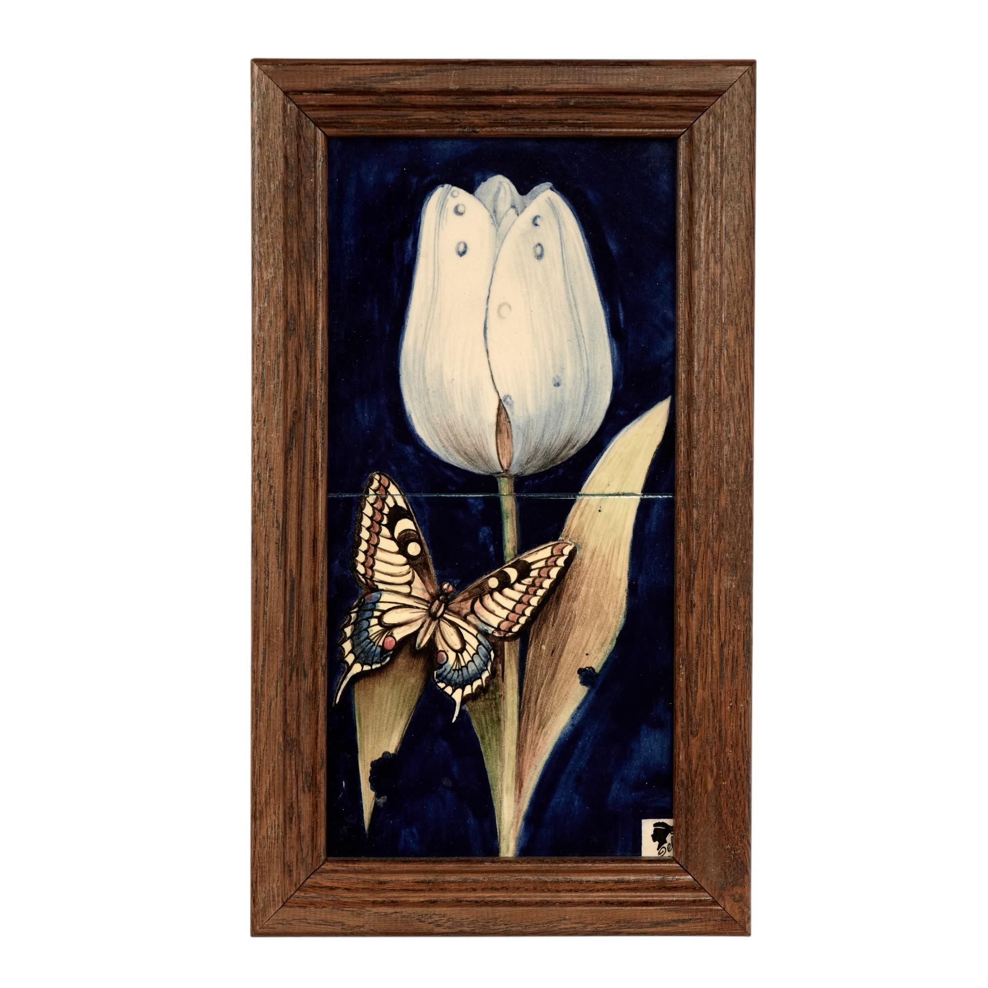 Group of Four Framed Tile Wall Art with Flowers and Butterflies in vendita 3