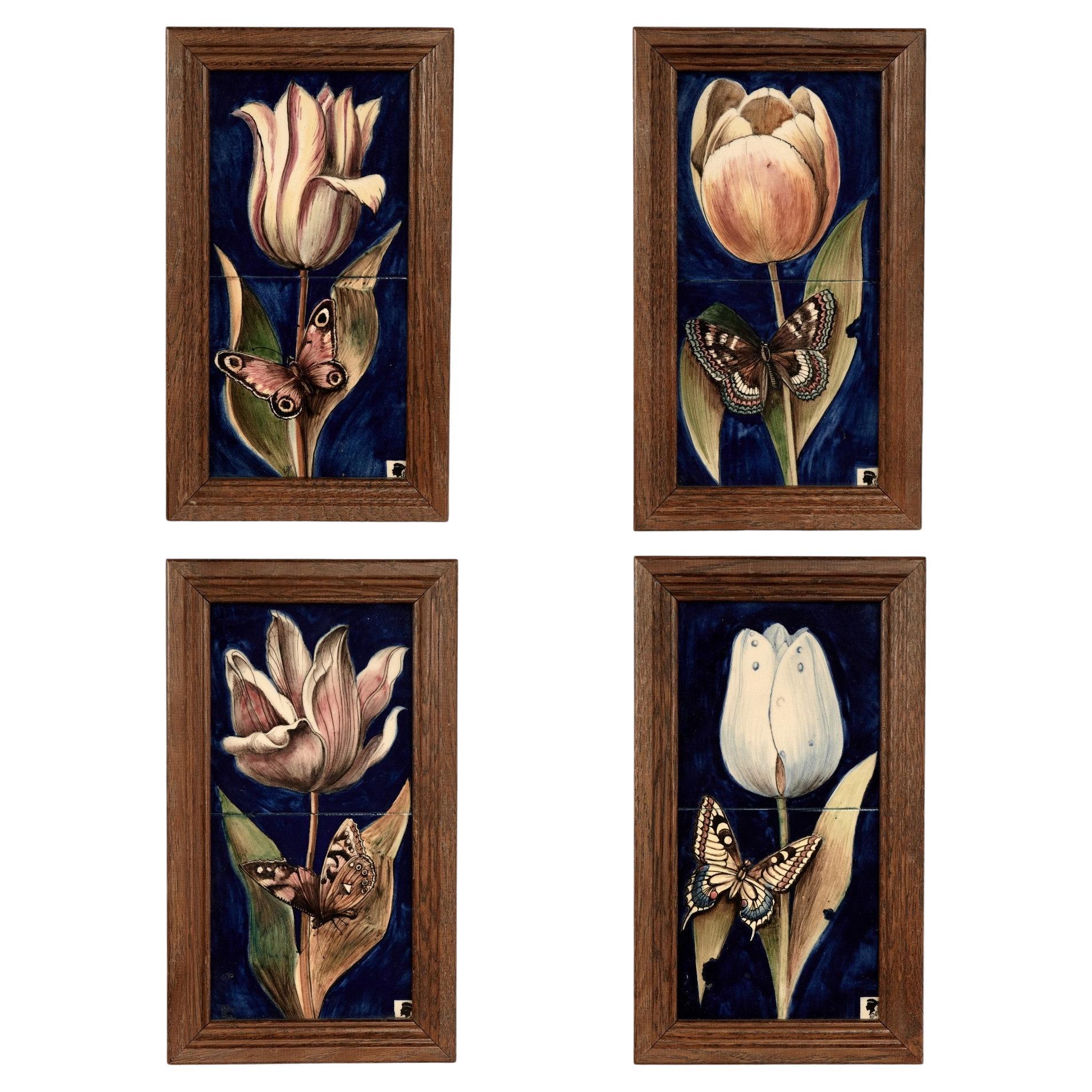 Group of Four Framed Tile Wall Art with Flowers and Butterflies