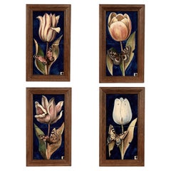Group of Four Framed Tile Wall Art with Flowers and Butterflies