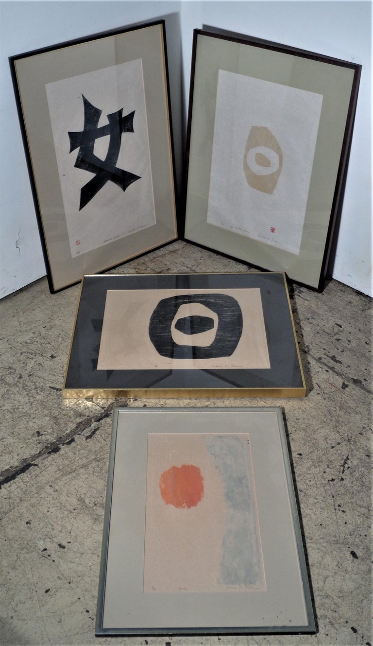 Group of three Japanese modernist inspired screen prints. Hand signed in pencil by artist / titled / numbered. All on proper Japanese paper / two with publishers stamps / all set in the original high quality  frames - dark wood / black w/ gilding /