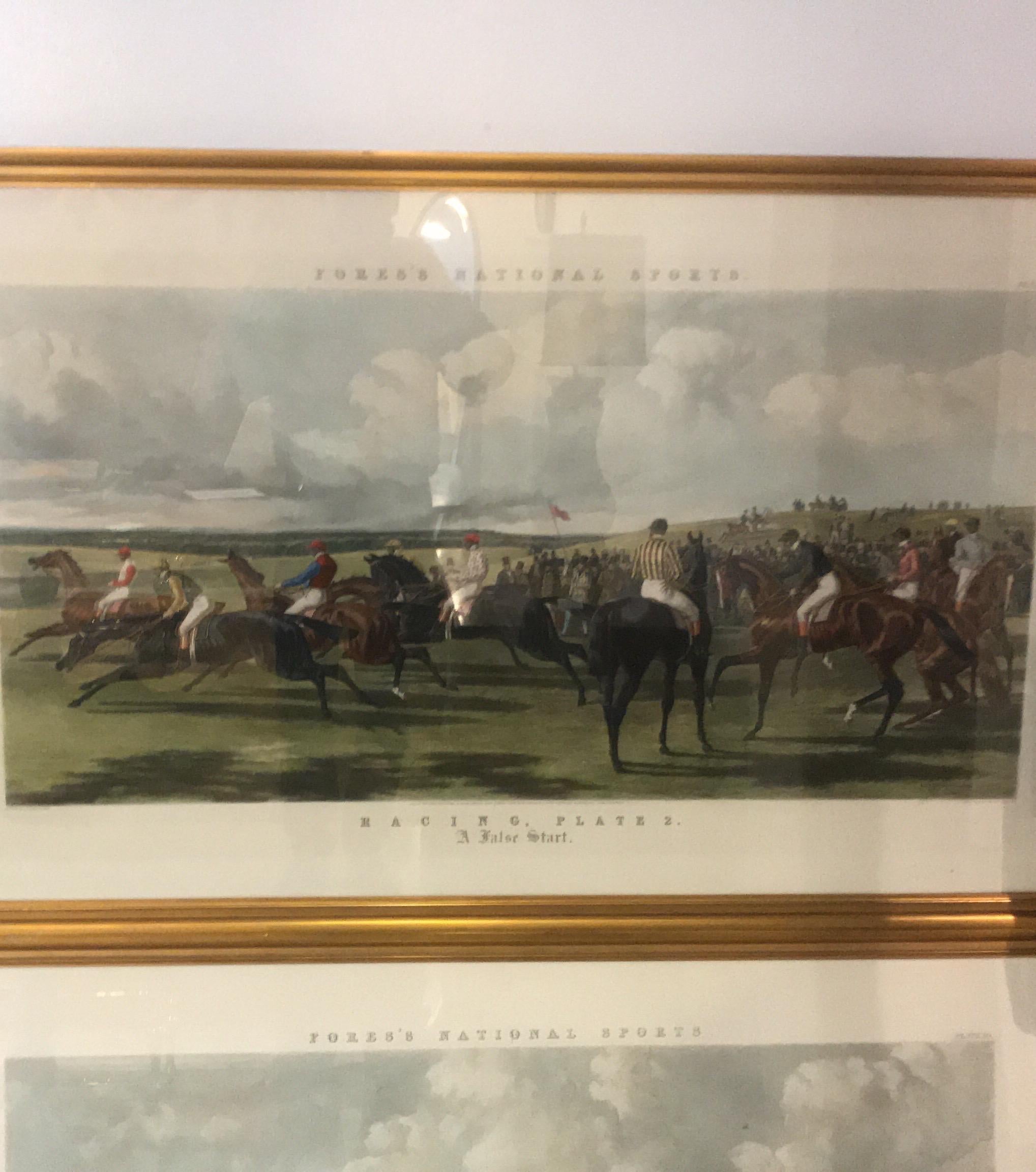 Glass Group of Four Large English Equestrian Hand Colored Engravings, 1856