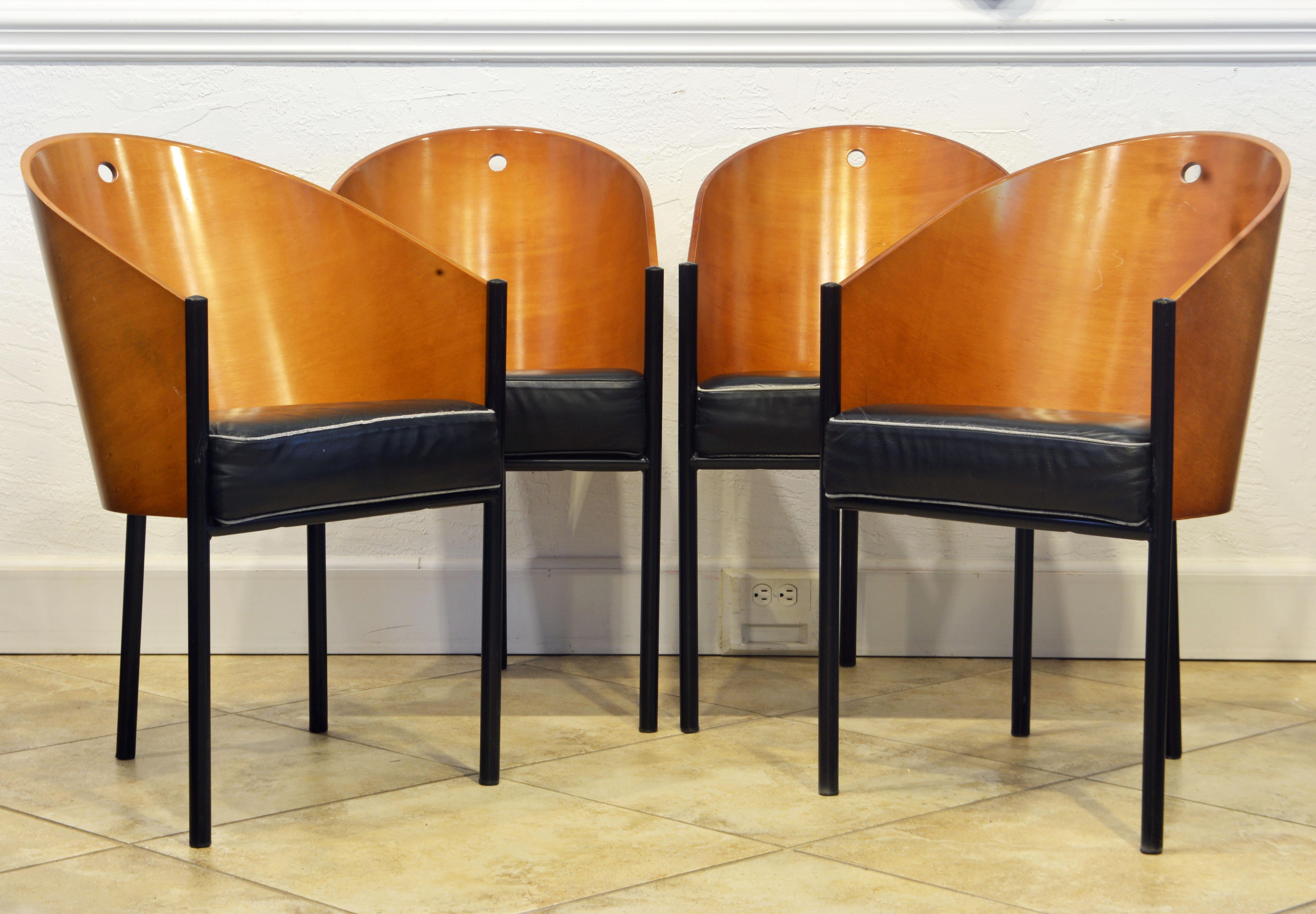 This group of chairs are designed by Philippe Starck for Driade Italy originally for the famed 'Costes Cafe' in Paris. Designed in 1984 they are now universally recognized as modern design icons. They are made with a tubular black metal construction