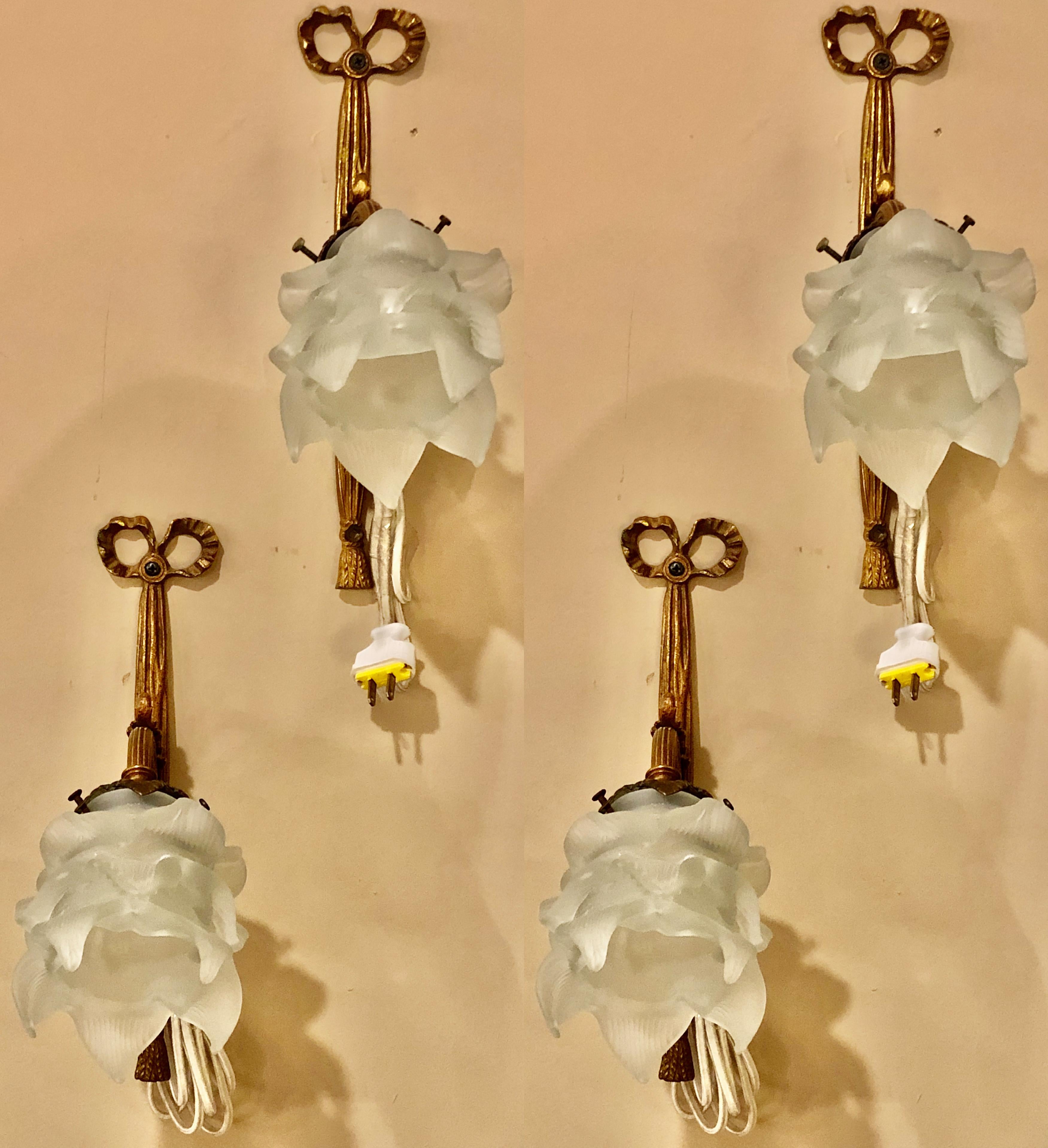 French Group of Four Louis XVI Style Bronze Sconces with Lalique Style Shades