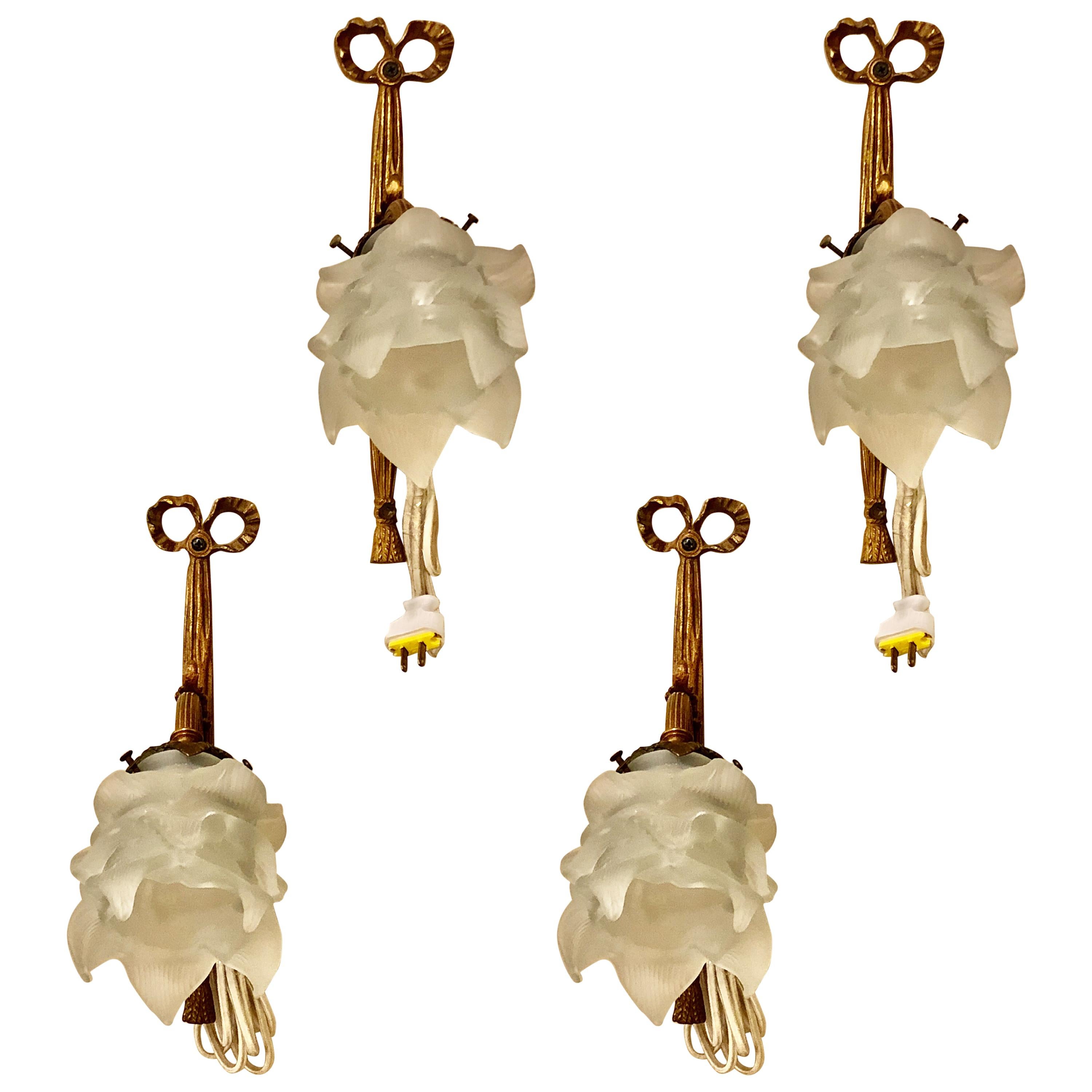 Group of Four Louis XVI Style Bronze Sconces with Lalique Style Shades