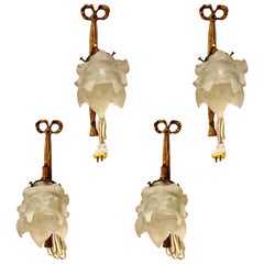 Group of Four Louis XVI Style Bronze Sconces with Lalique Style Shades