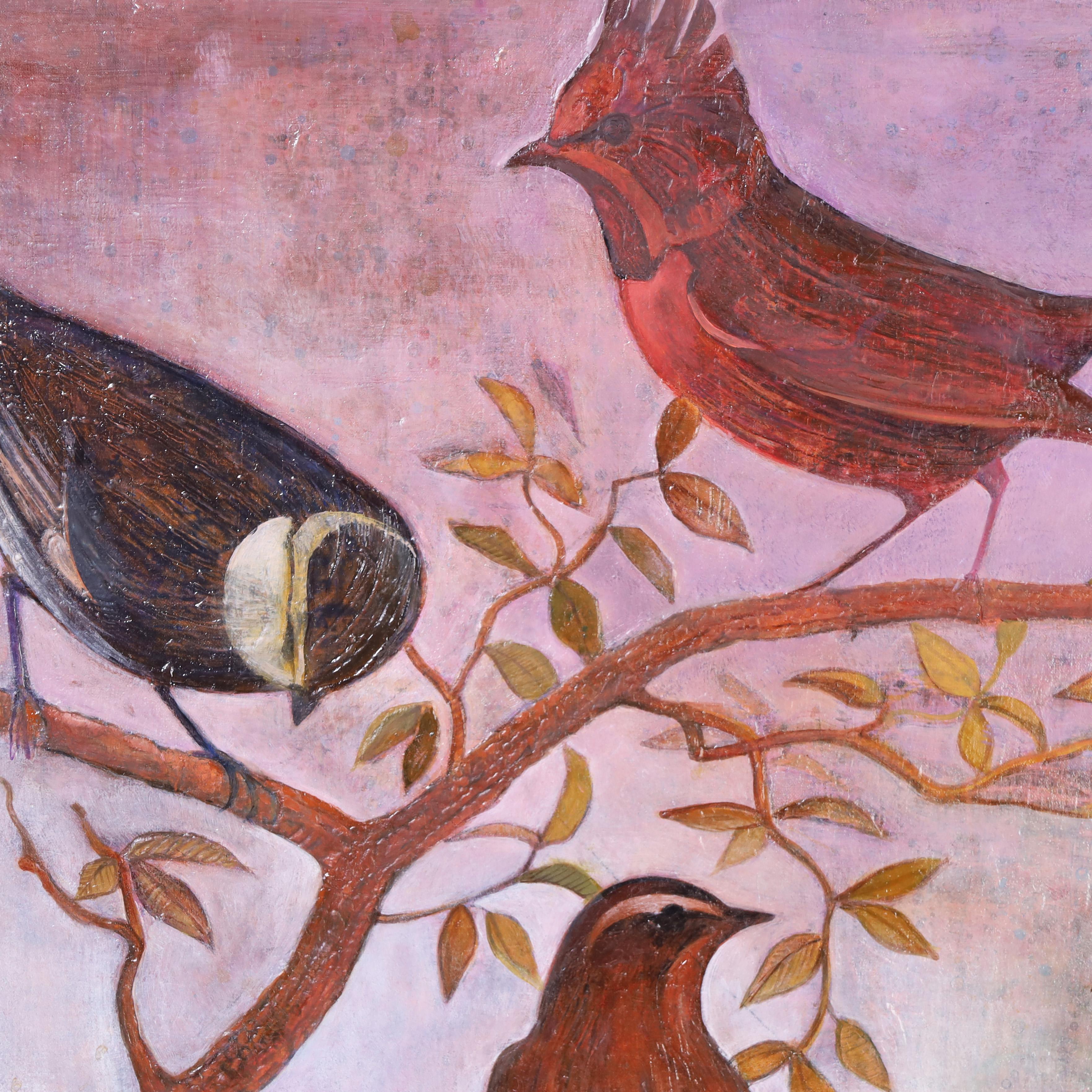 Mid-Century Modern Group of Four Mixed Media Paintings of Birds with a Lesson For Sale