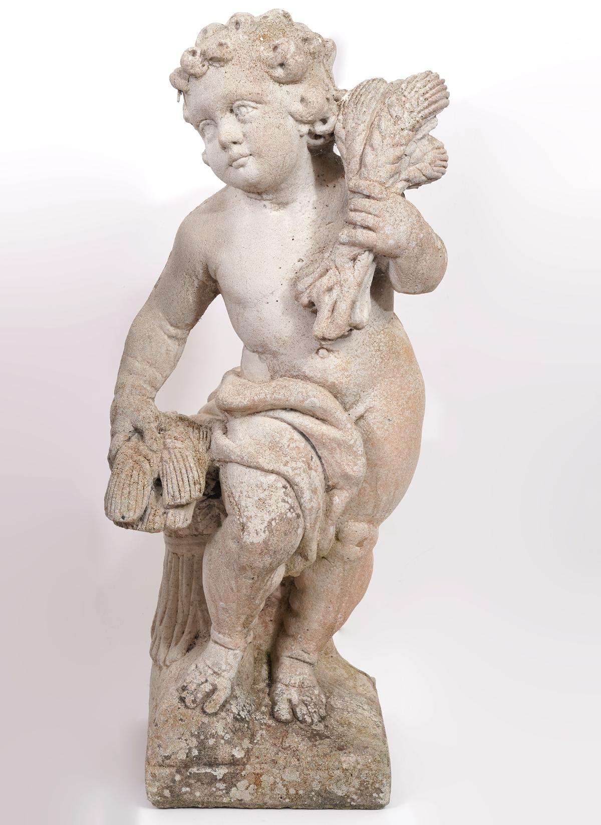 This classical group of likely French putti statues representing The Four Seasons are made of cast sand stone (you can see the small grains of quartz glittering) after 18th century originals. They have a beautiful patina with traces of weathering
