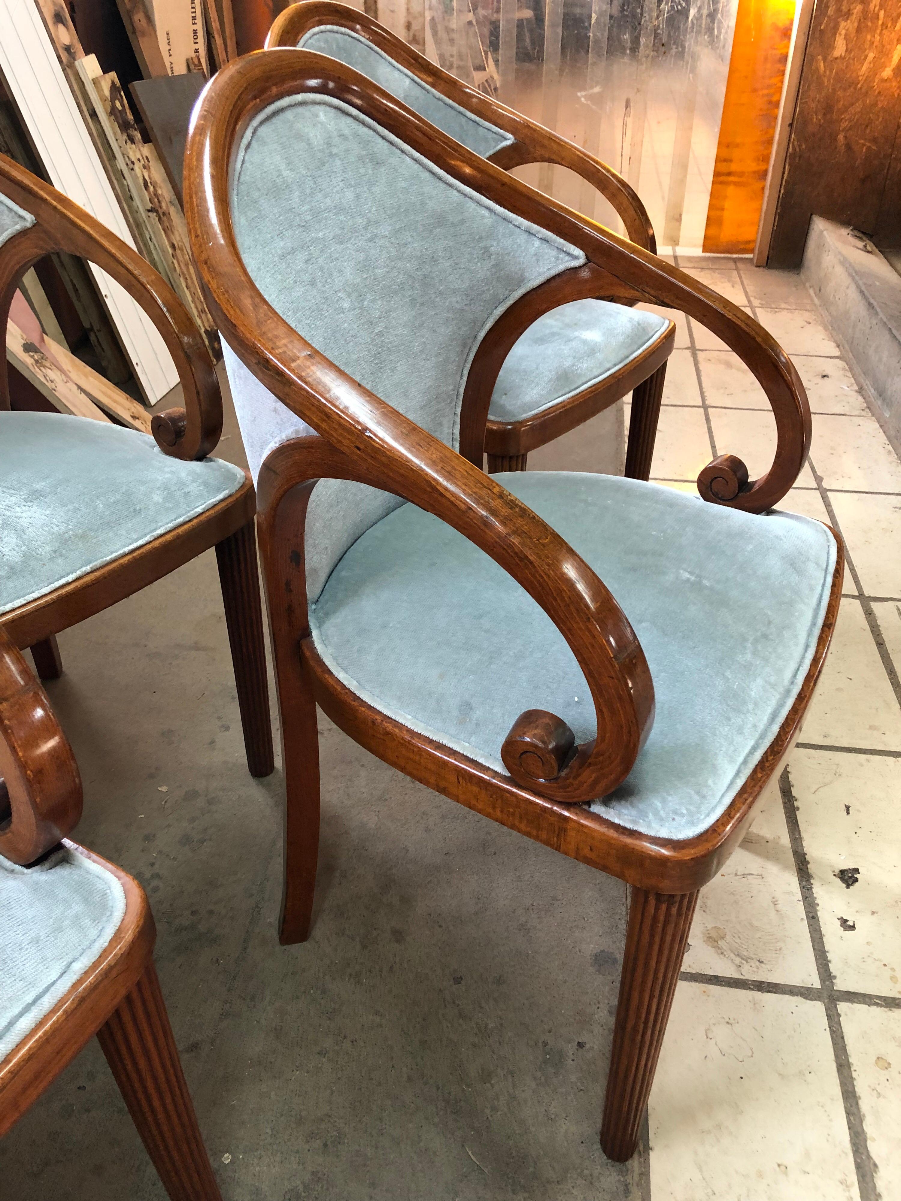 Art Deco Set of Four Walnut Upholstered Dining Room Chairs