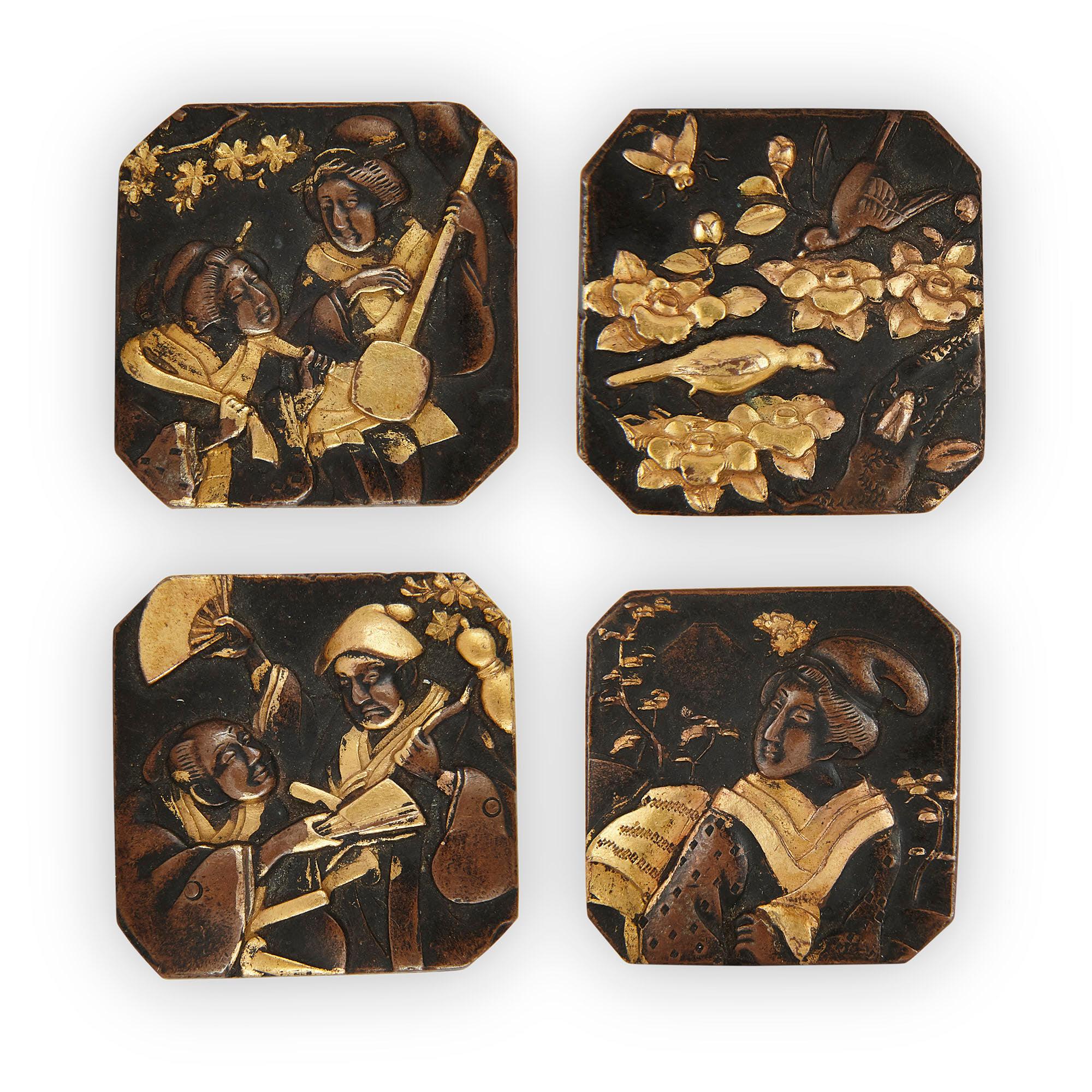 19th Century Group of Fourteen Japanese Meiji Period Gilt Metal Plaques For Sale