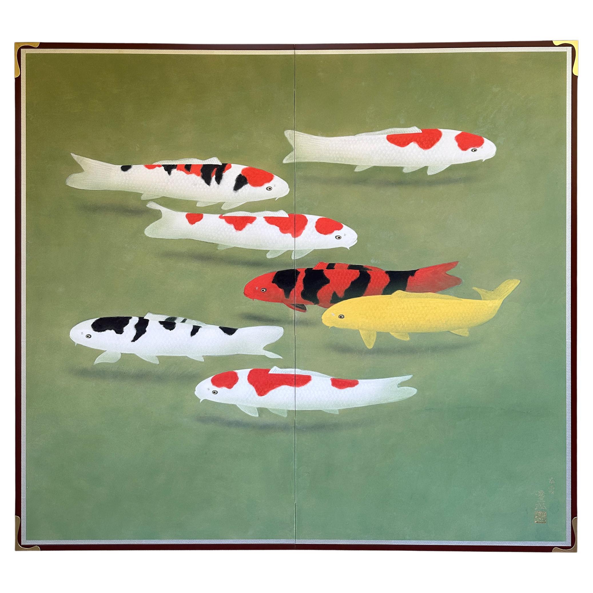 Group of Koi (Carp) screen ) by Nitten artist Tozaburo Ohno (大野藤三郎)