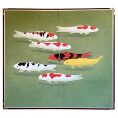 Group of Koi (Carp) screen ) by Nitten artist Tozaburo Ohno (大野藤三郎)