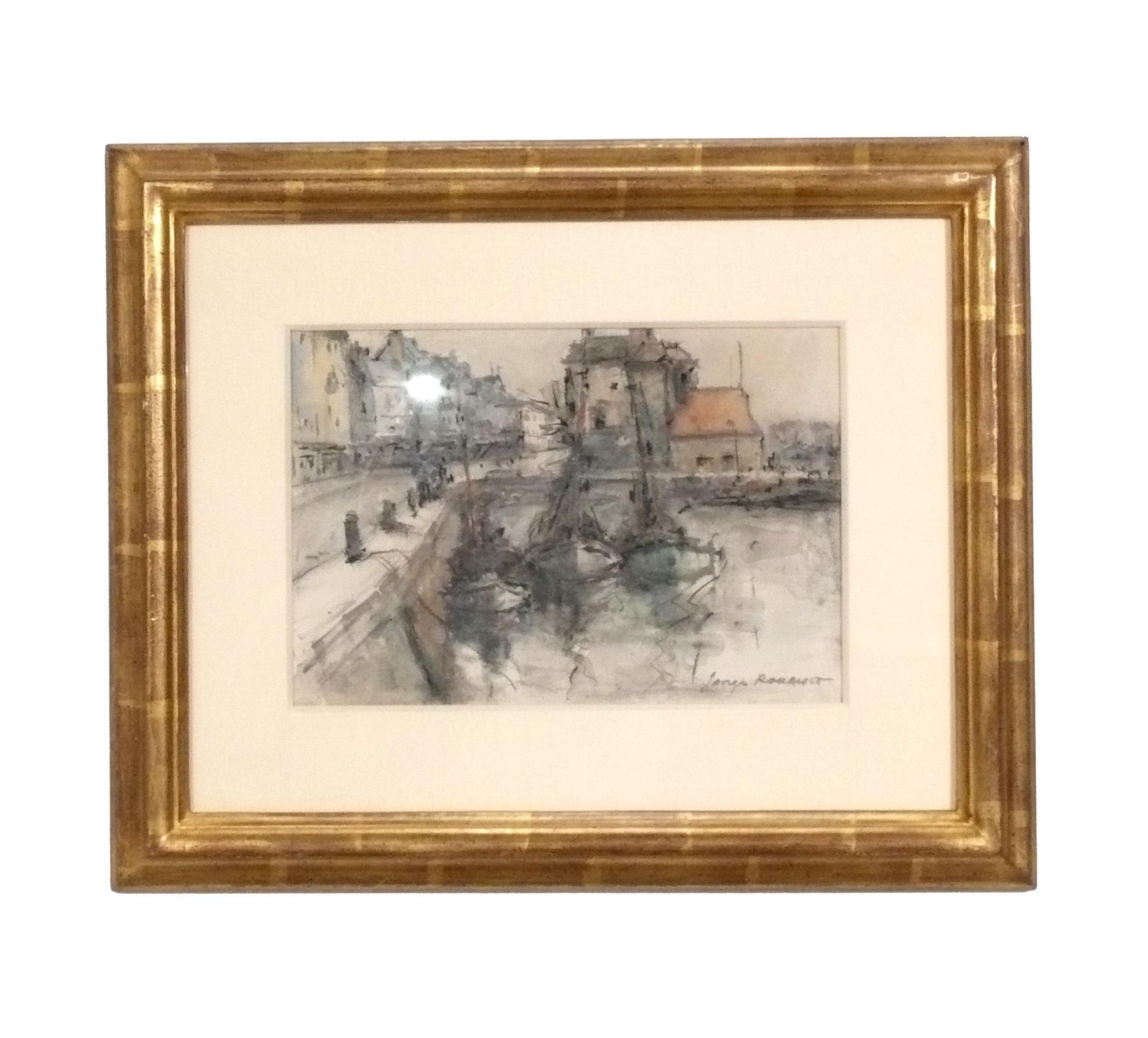 Set of four George Rouault landscape watercolor paintings, recently framed in 22 karat gold leaf wood frames by Lowy Framers, NYC. The paintings are French, circa 1960s. They are priced at $800 each, or $2800 for the set of four. Clockwise from top