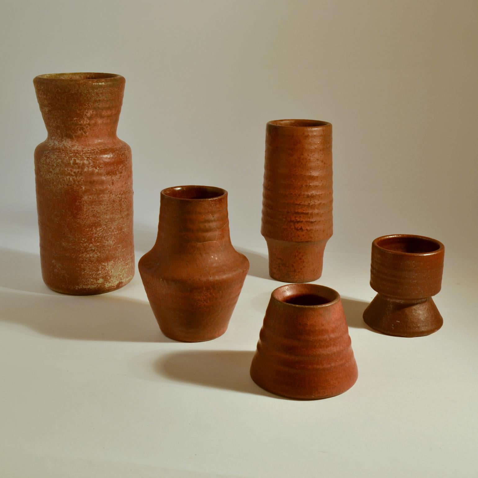 Dutch Group of Mid Century Ceramic Studio Vases Dark Red