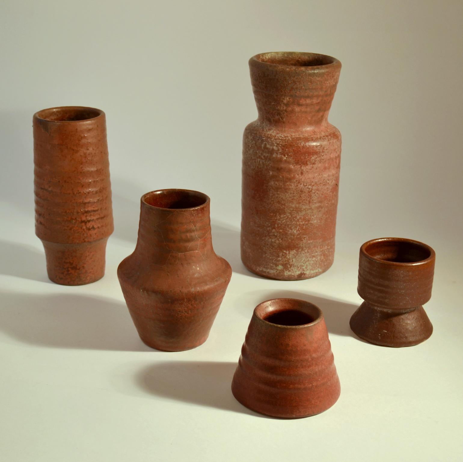 Glazed Group of Mid Century Ceramic Studio Vases Dark Red