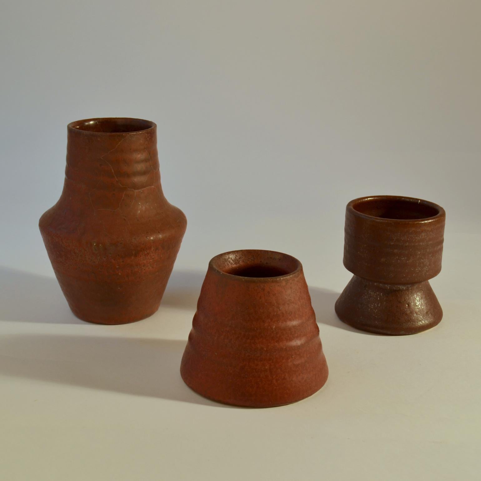 Group of Mid Century Ceramic Studio Vases Dark Red 1