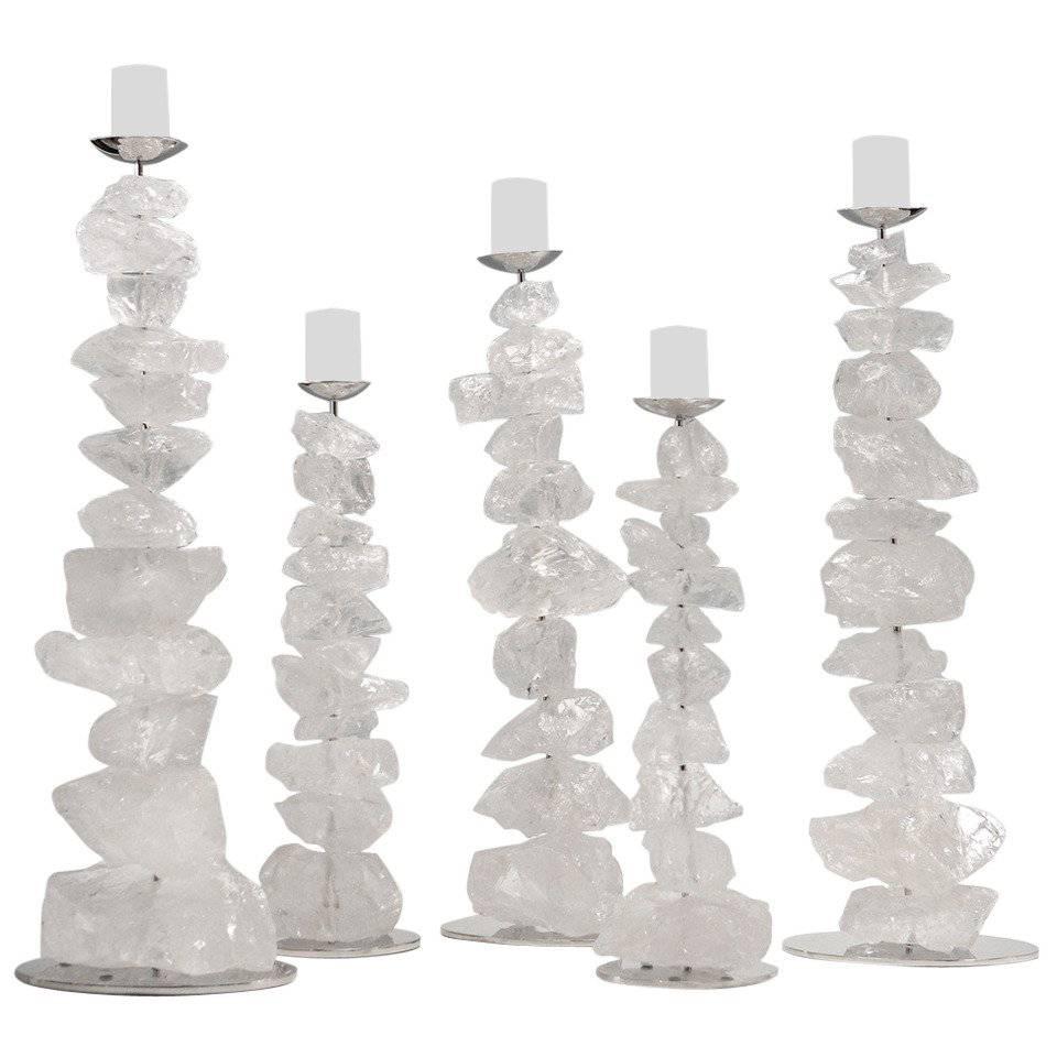 Group of Natural Rock Crystal Mounted Candleholders
