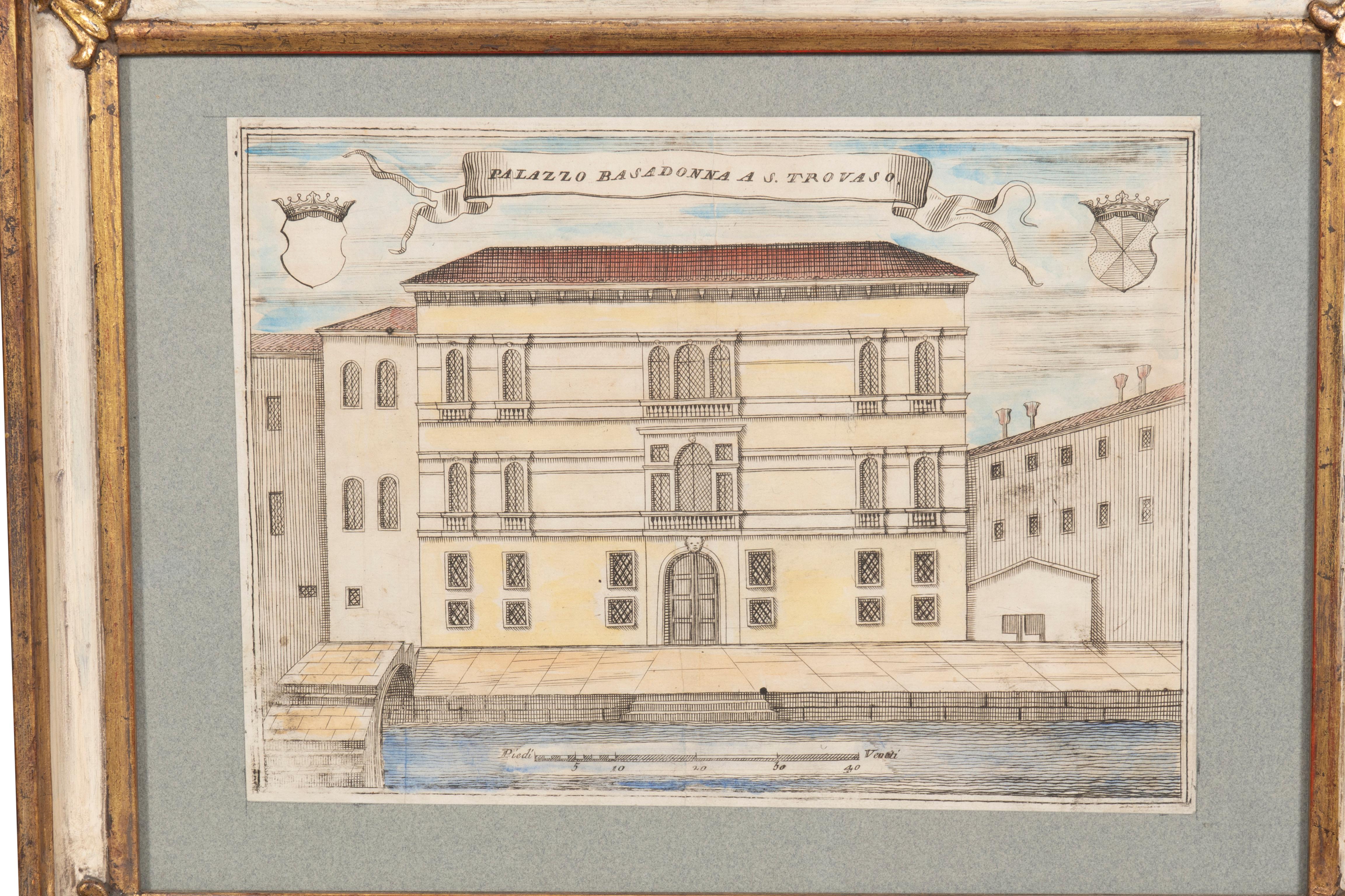 Group of Nine Framed Colored Engravings of Venetian Palazzos For Sale 6