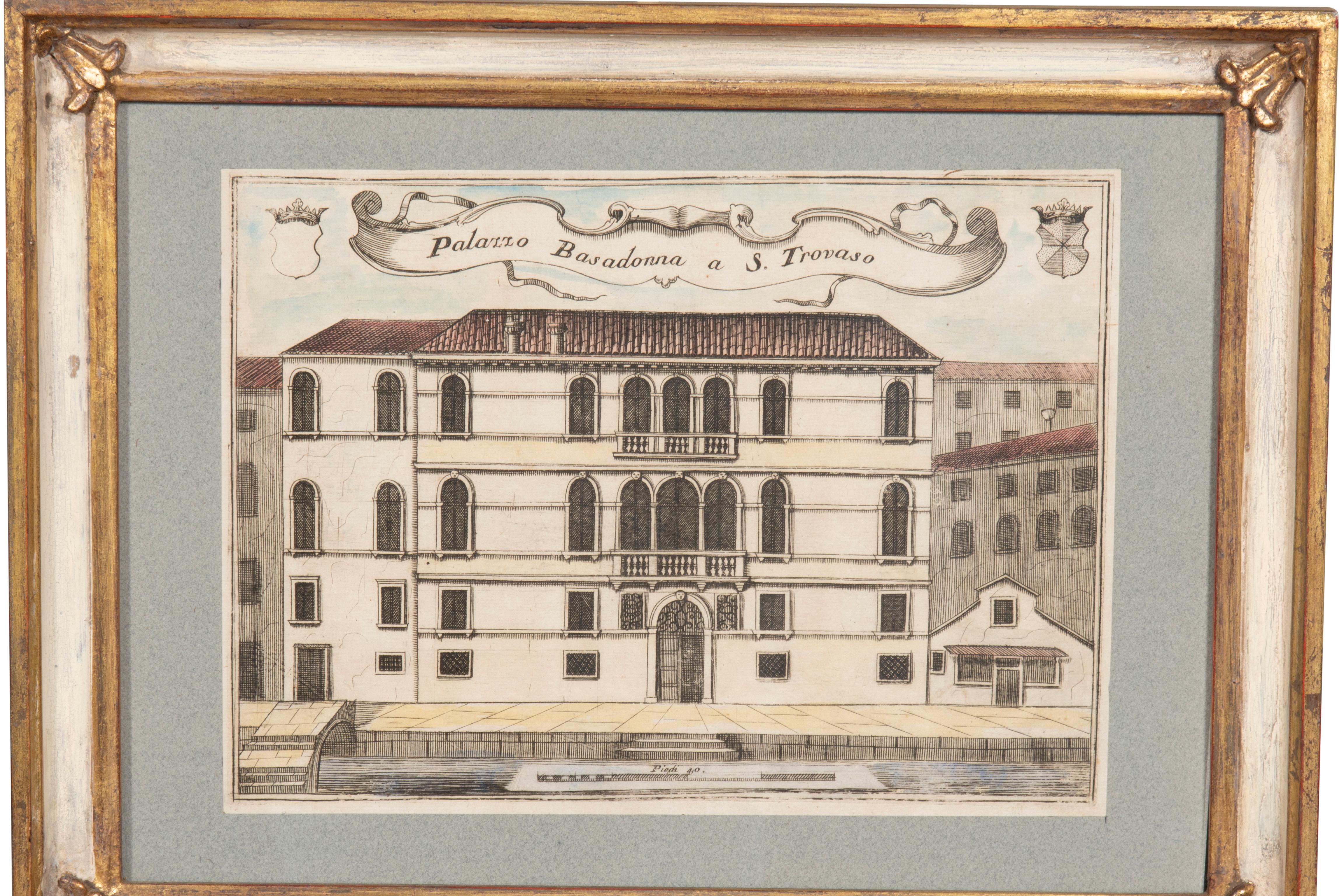 Group of Nine Framed Colored Engravings of Venetian Palazzos For Sale 9