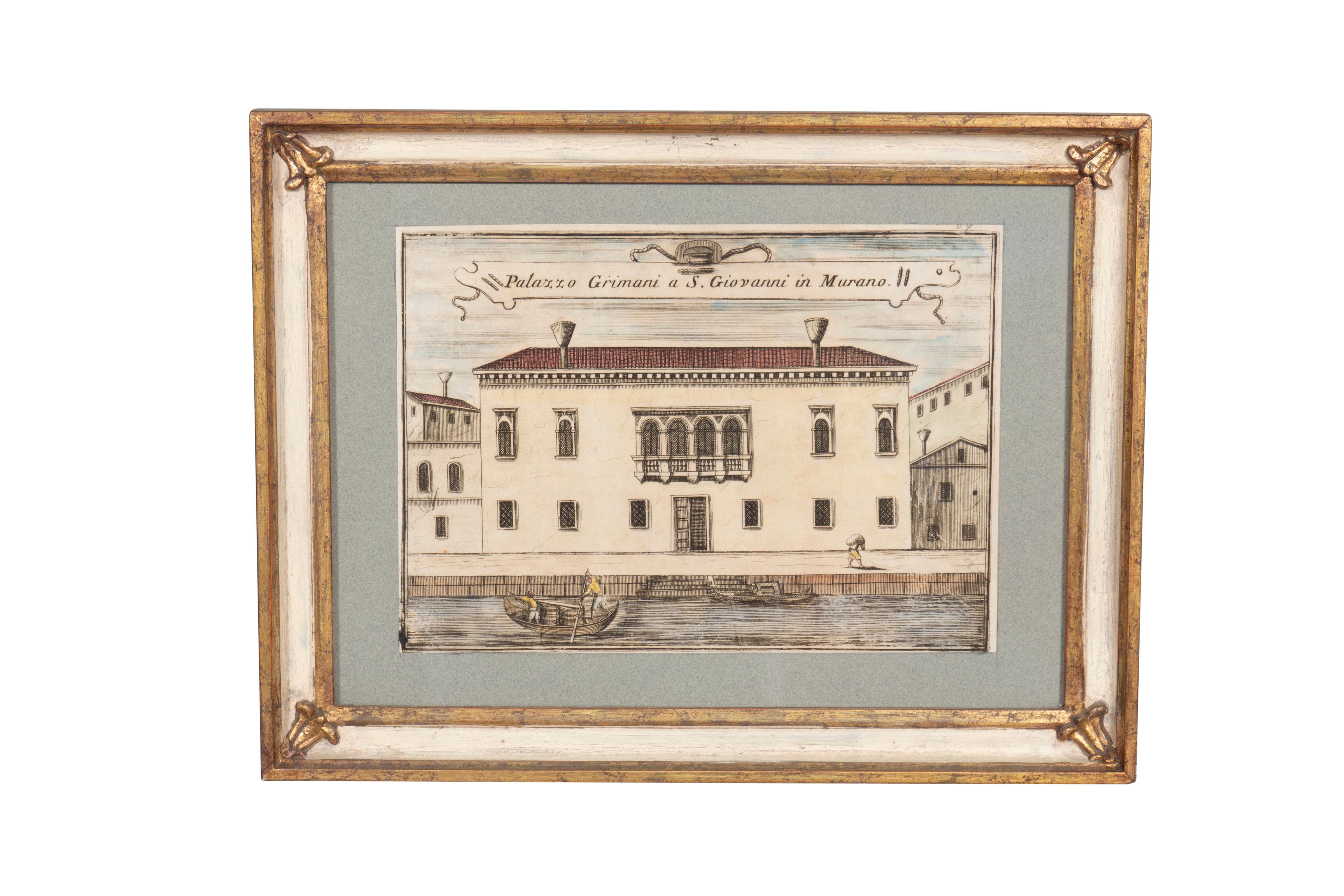 Each beautifully framed and each illustrating Venetian palazzos with titles. Each in a creme painted and gilded and carved frame.