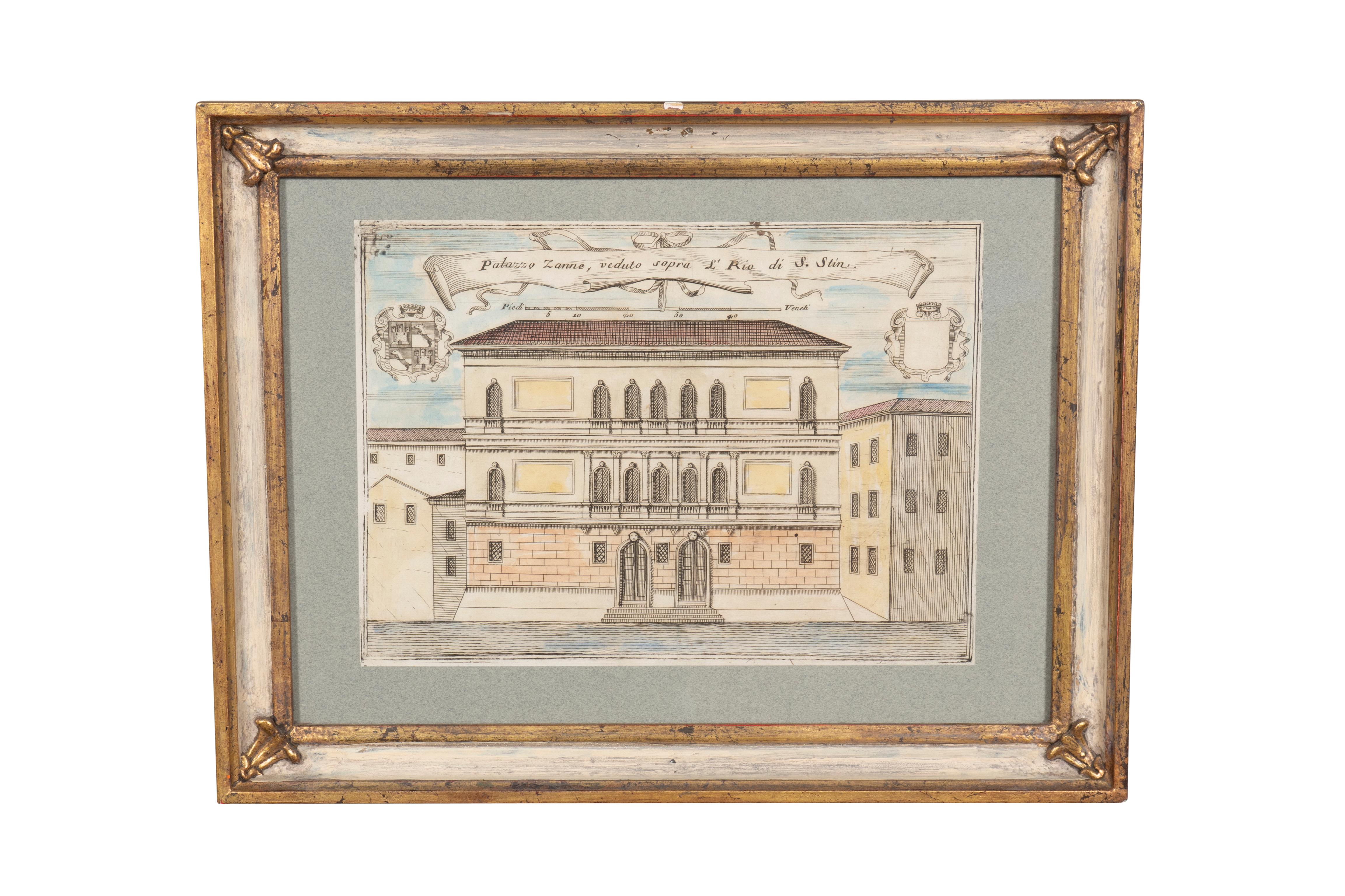 Italian Group of Nine Framed Colored Engravings of Venetian Palazzos For Sale
